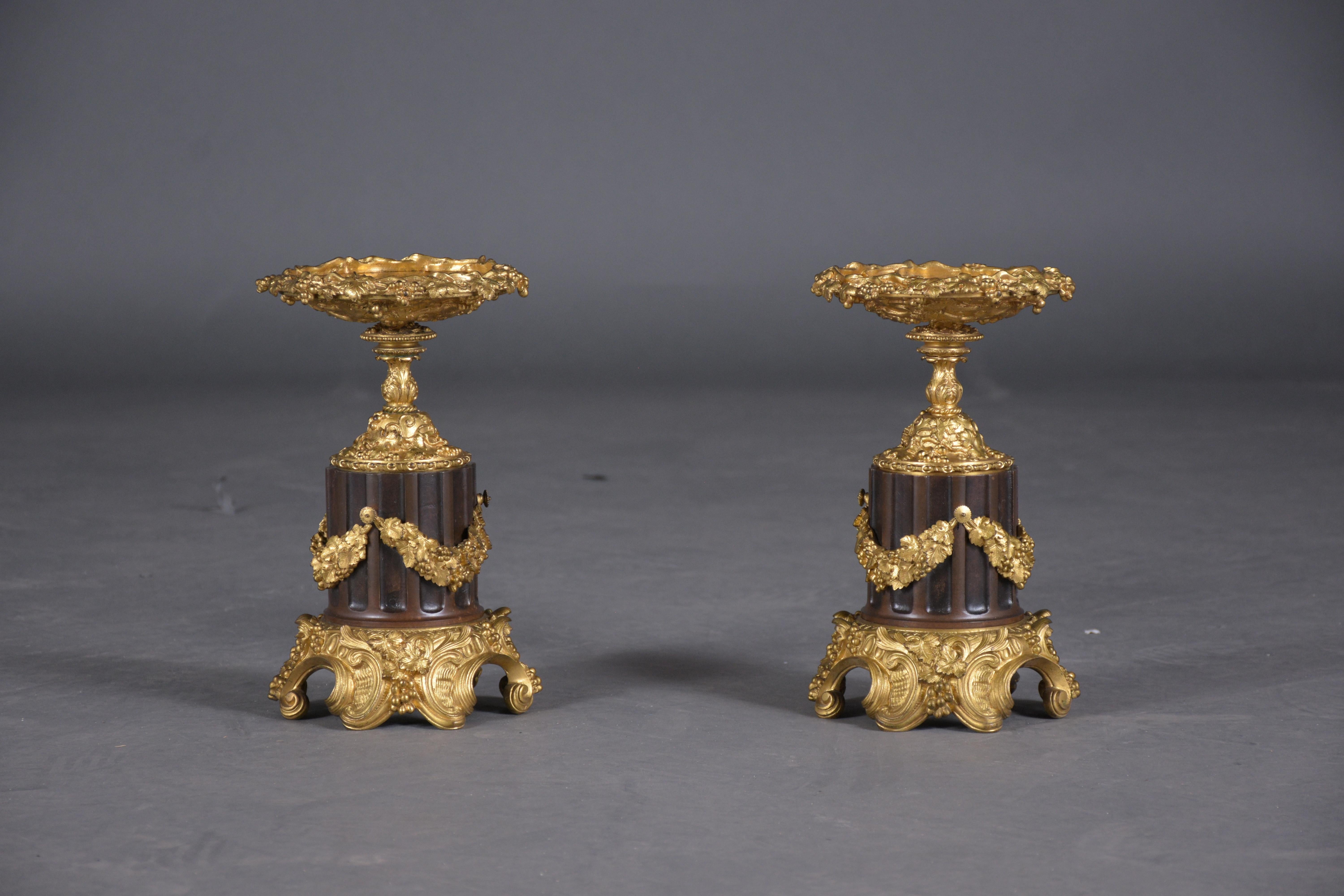 Plated Elegant 19th-Century French Bronzed Urns with Gold Ormolu Details