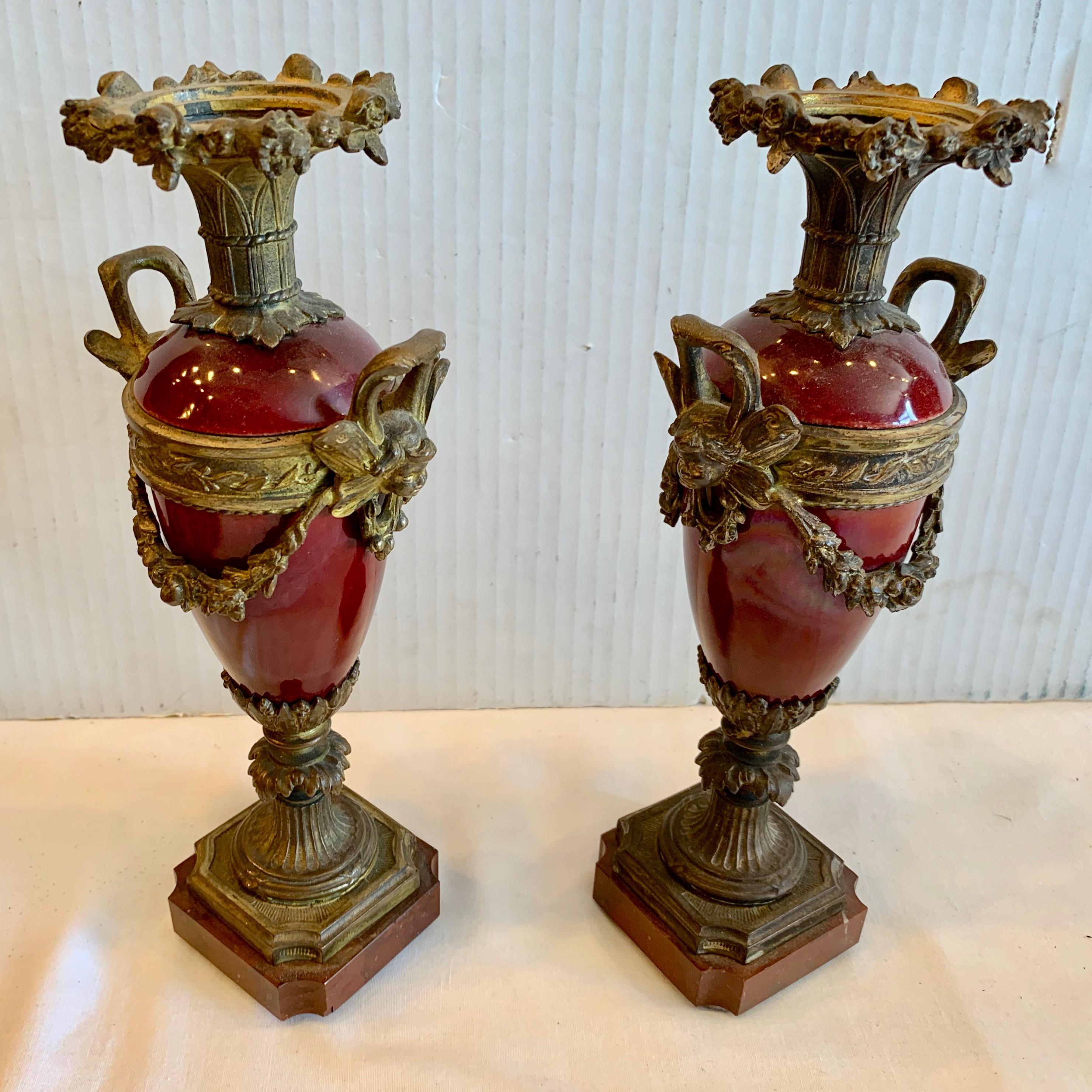 Pair of 19TH Century Bronze Mounted Urns For Sale 1