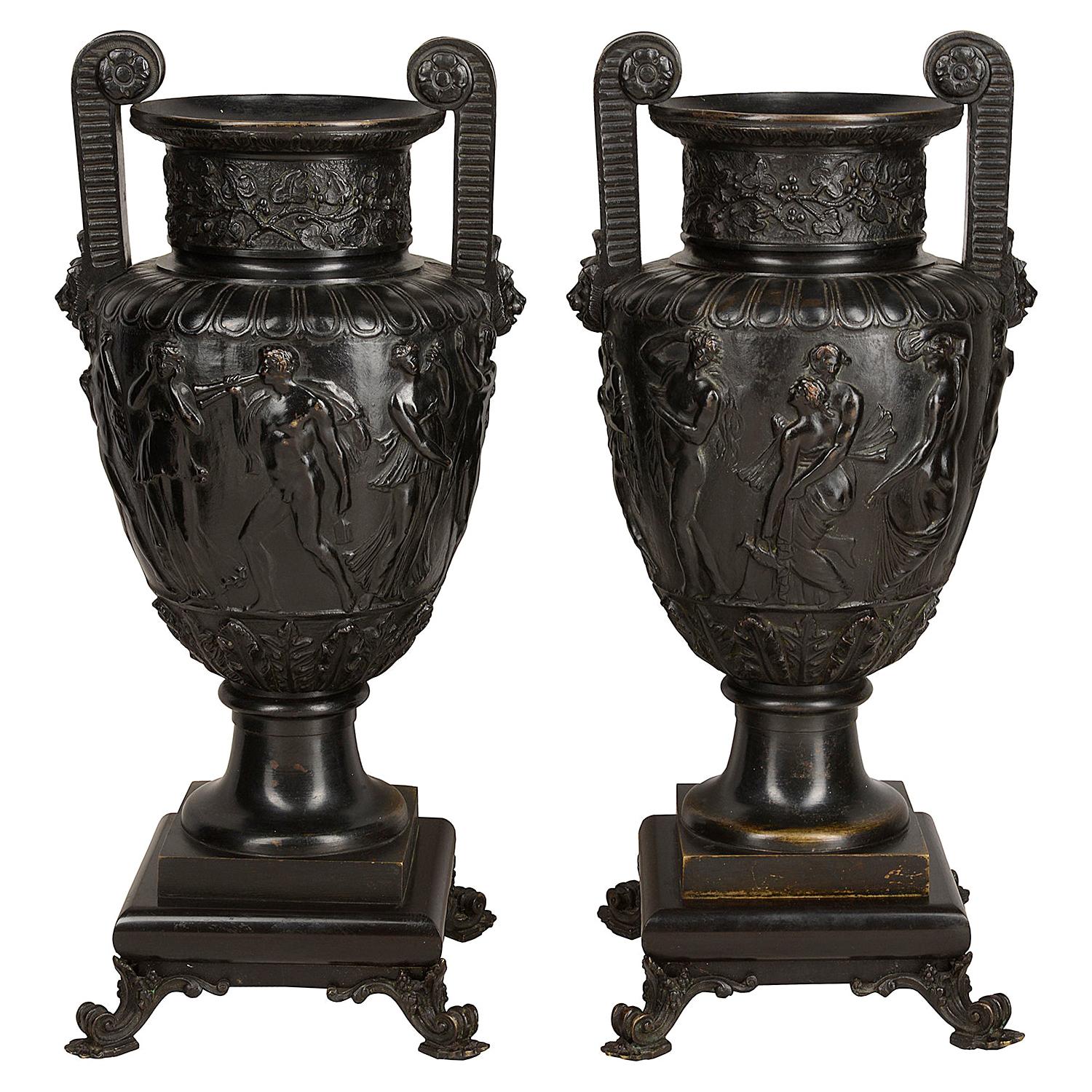Pair of 19th Century Bronze Neoclassical Urns