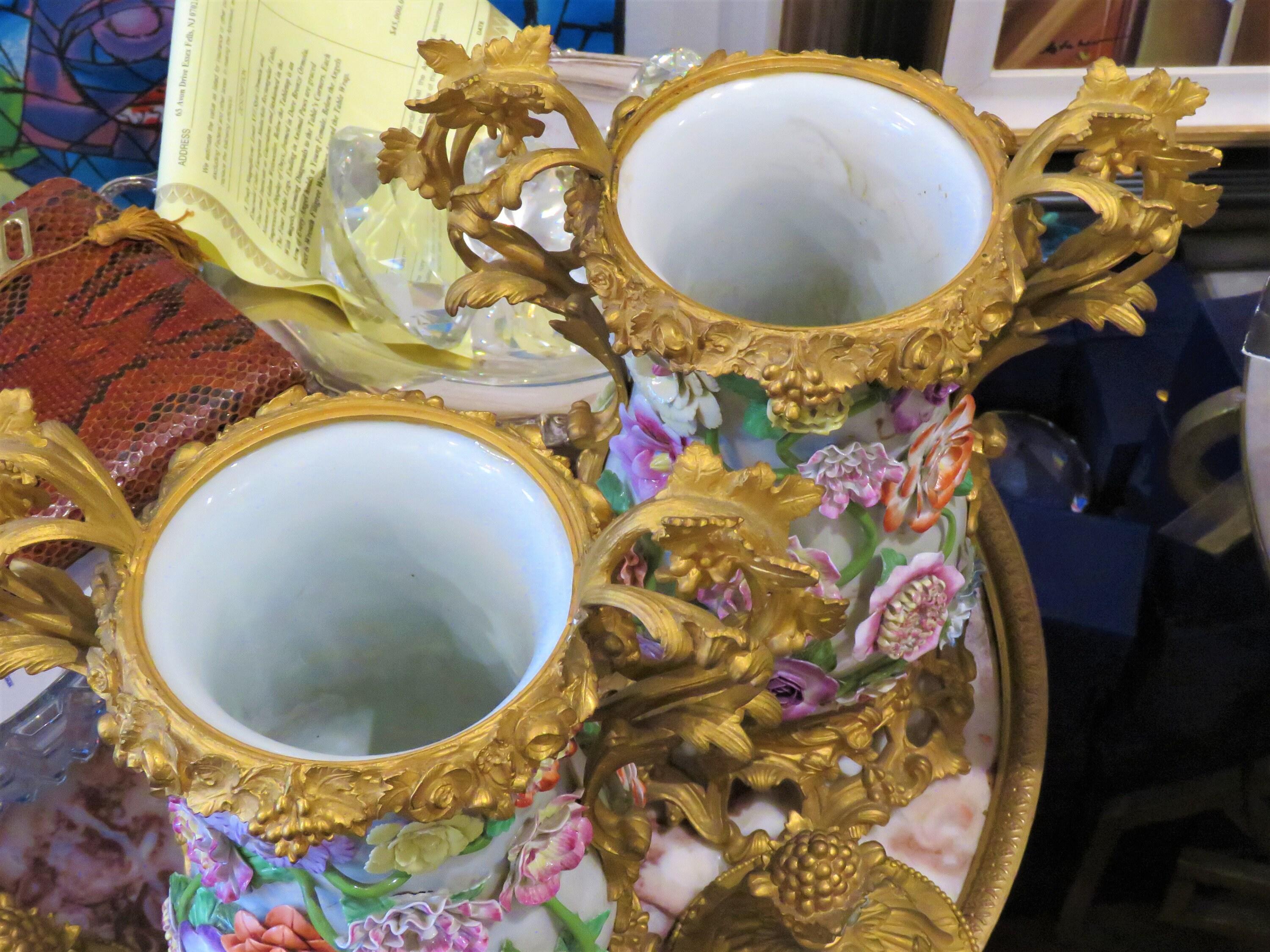 Pair of 19th Century Bronze Ormolu Signed German Porcelain Flower Encrust Vases In Good Condition For Sale In New York, NY