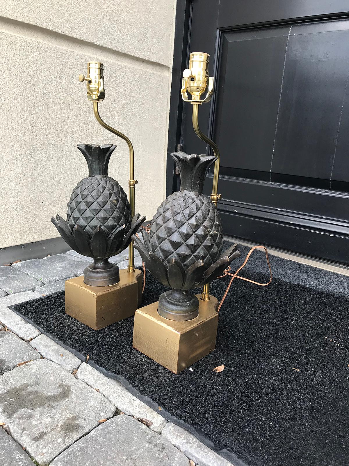 Pair of 19th century bronze pineapple finials as lamps, custom bases- pineapples- 7.5