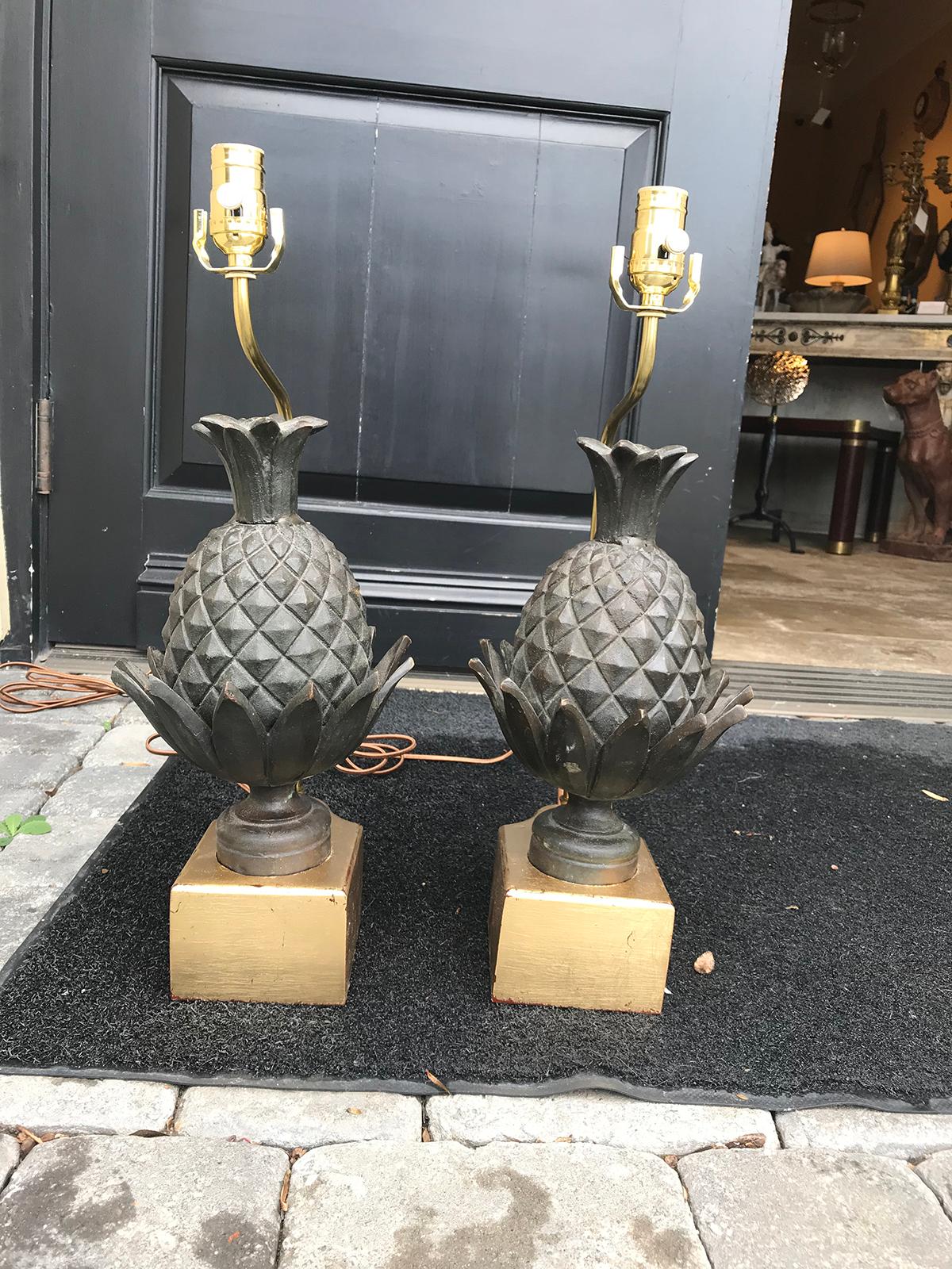 American Pair of 19th Century Bronze Pineapple Finials as Lamps, Custom Bases