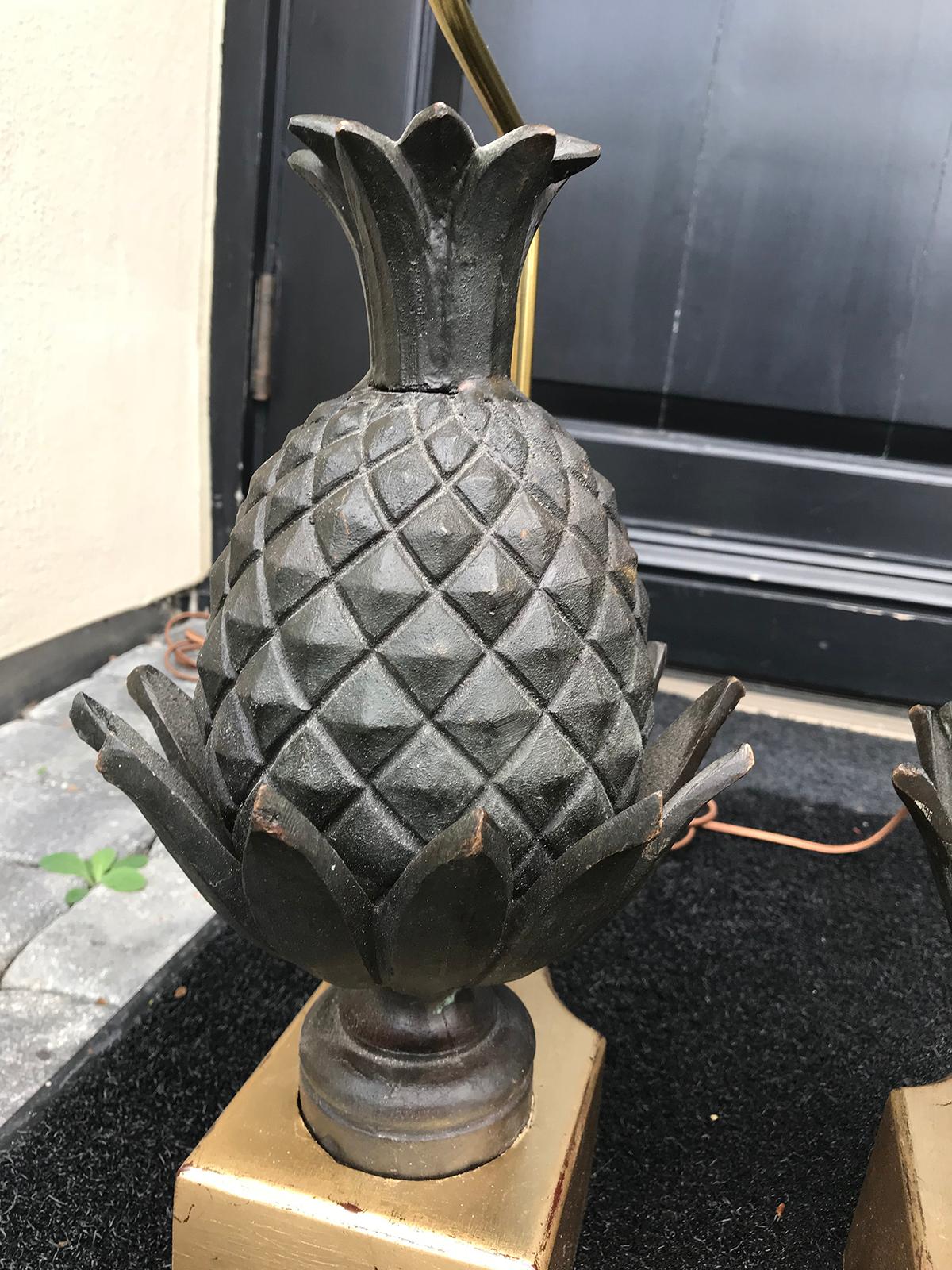 Pair of 19th Century Bronze Pineapple Finials as Lamps, Custom Bases 1