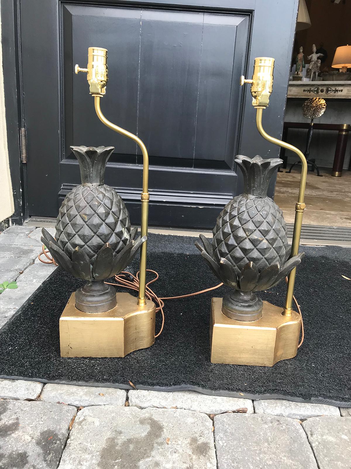 Pair of 19th Century Bronze Pineapple Finials as Lamps, Custom Bases 2