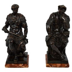 Pair of 19th Century Bronze Statues on Rose-Marble Plinths