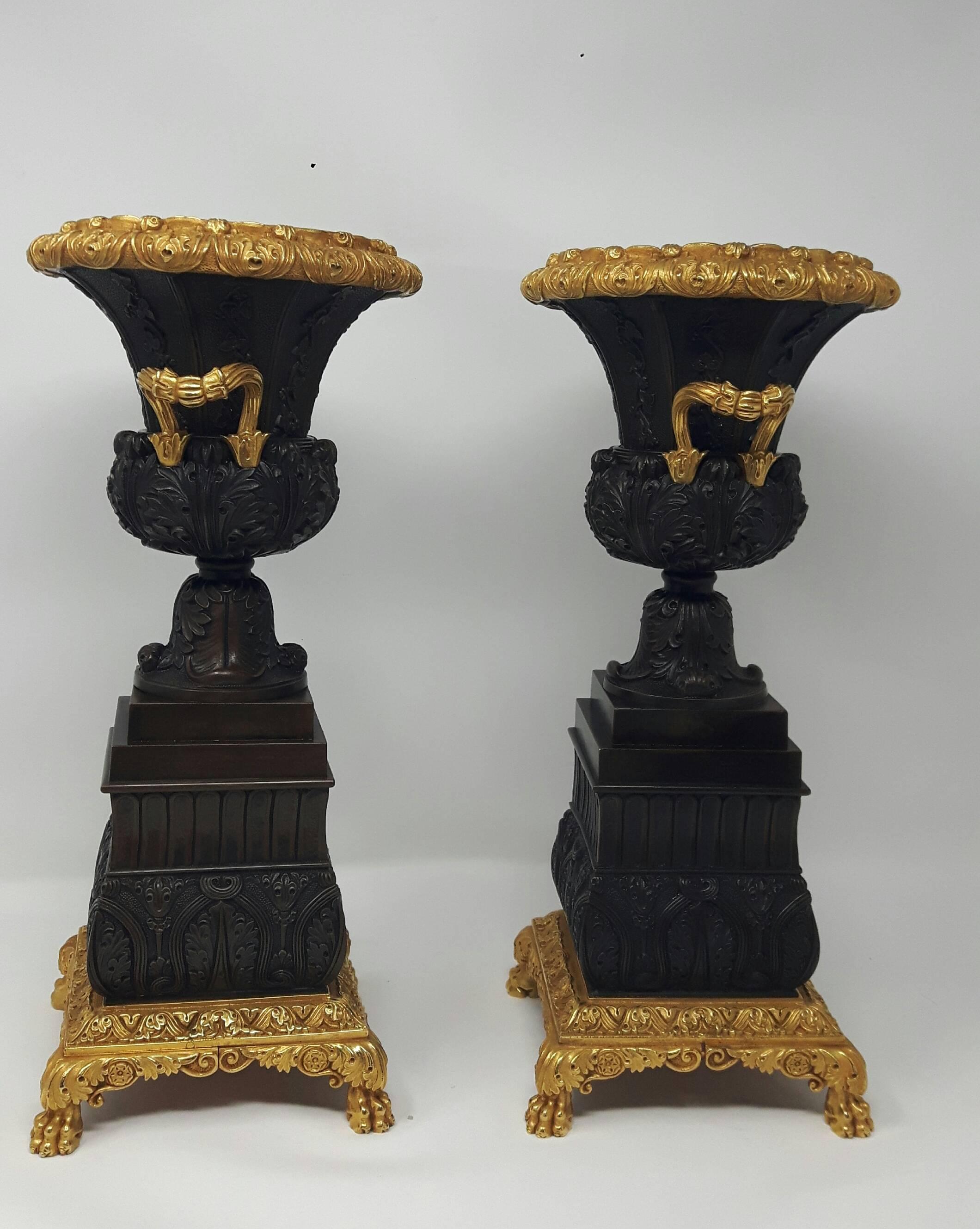Cast Pair of 19th Century Bronze Urns For Sale