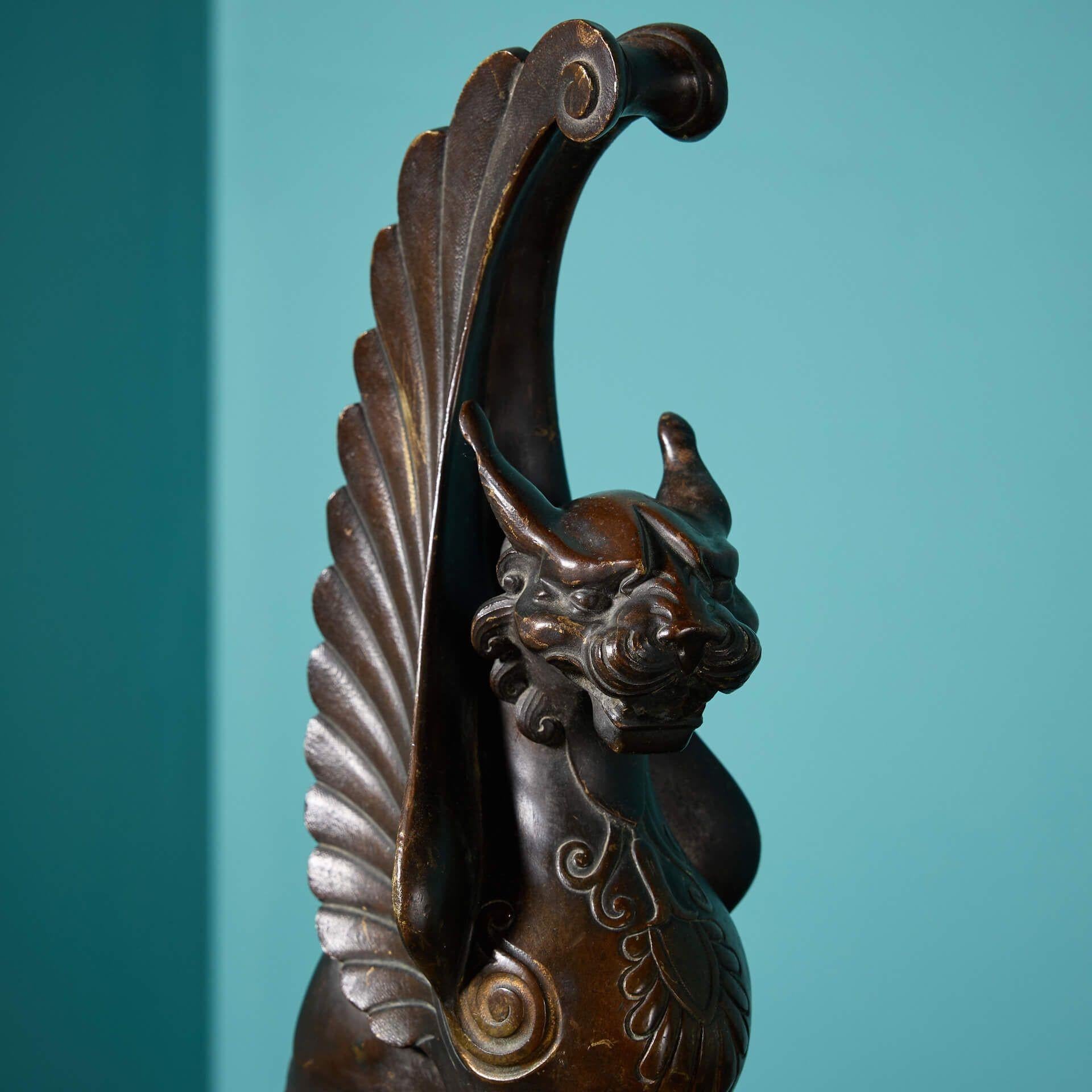 Neoclassical Pair of 19th Century Bronze Winged Lion Sculptures on Marble Bases For Sale