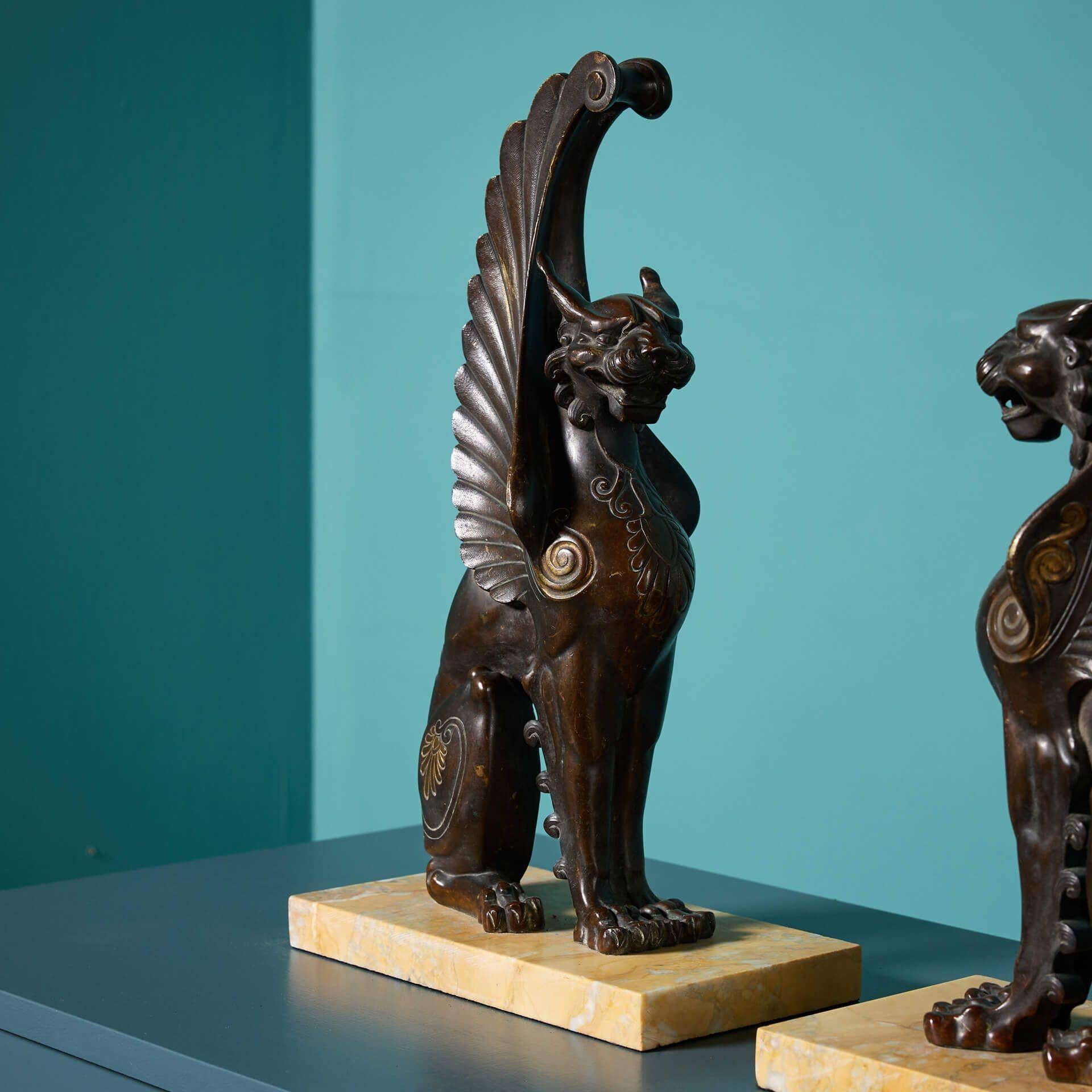 Pair of 19th Century Bronze Winged Lion Sculptures on Marble Bases For Sale 3