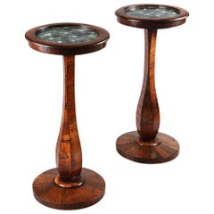 Pair of 19th Century Brown Wood Pedestal Tables with Green Simulated Marble Tops