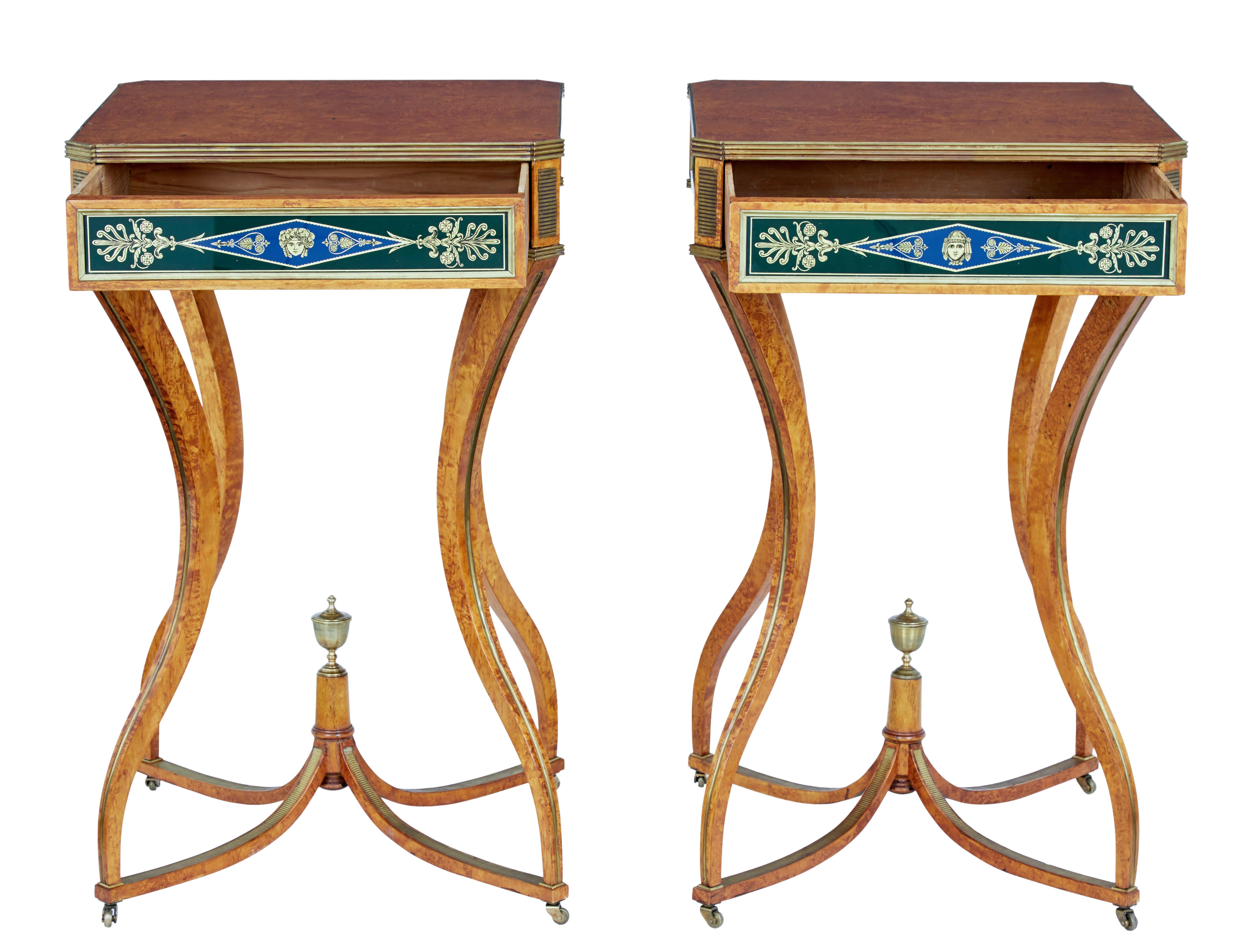 Pair of 19th century burr birch Russian occasional tables, circa 1890.

Fine quality pair of late 19th century Russian lamp tables. Square top with canted corners adorned with brass mounts. Single drawer to the front of each. Each side of these
