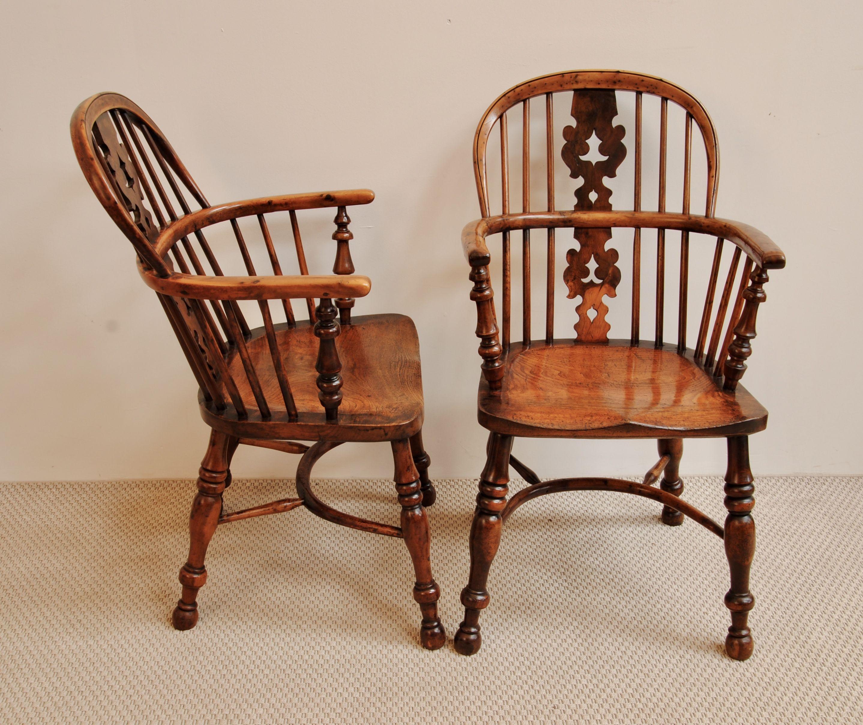 An exceptional pair of 19th century burr yew tree Nottinghamshire Windsor chairs with Christmas tree splats, this model was known in the makers books as the finest!

 