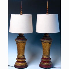 Pair of 19th Century Cambodian Wood Urn Table or Bedside Lamps
