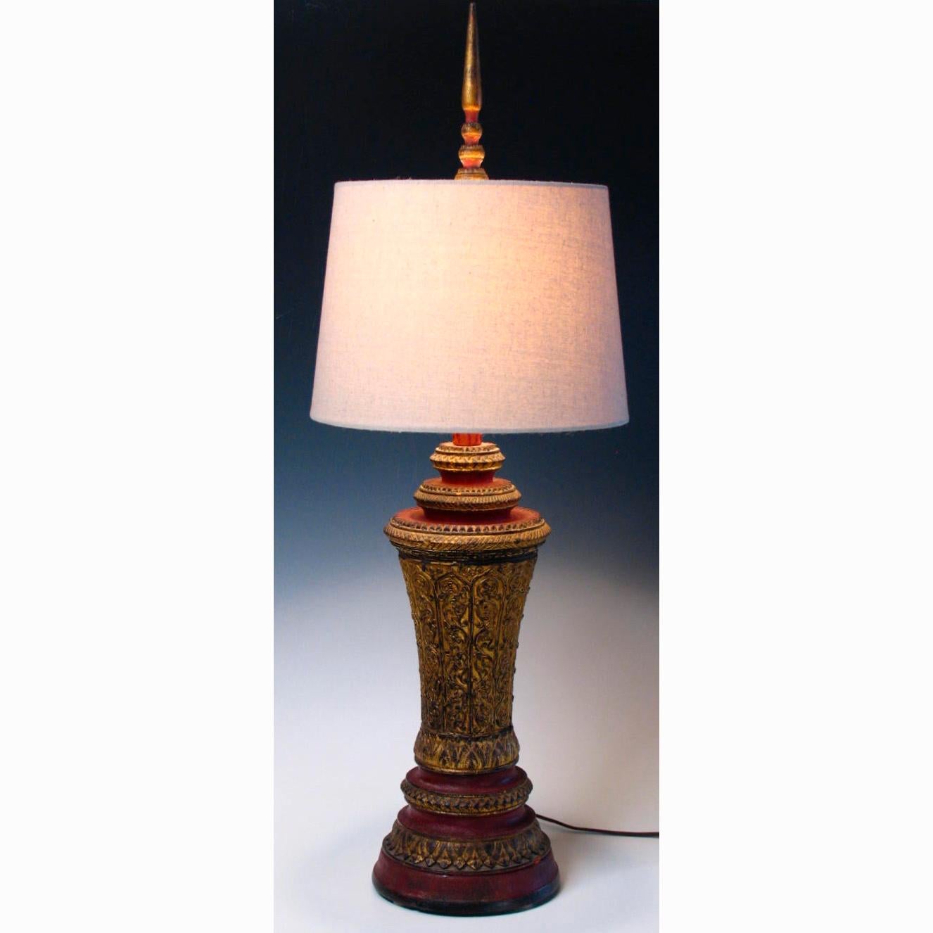 Hand-Carved Pair of 19th Century Cambodian Wood Urn Table or Bedside Lamps For Sale