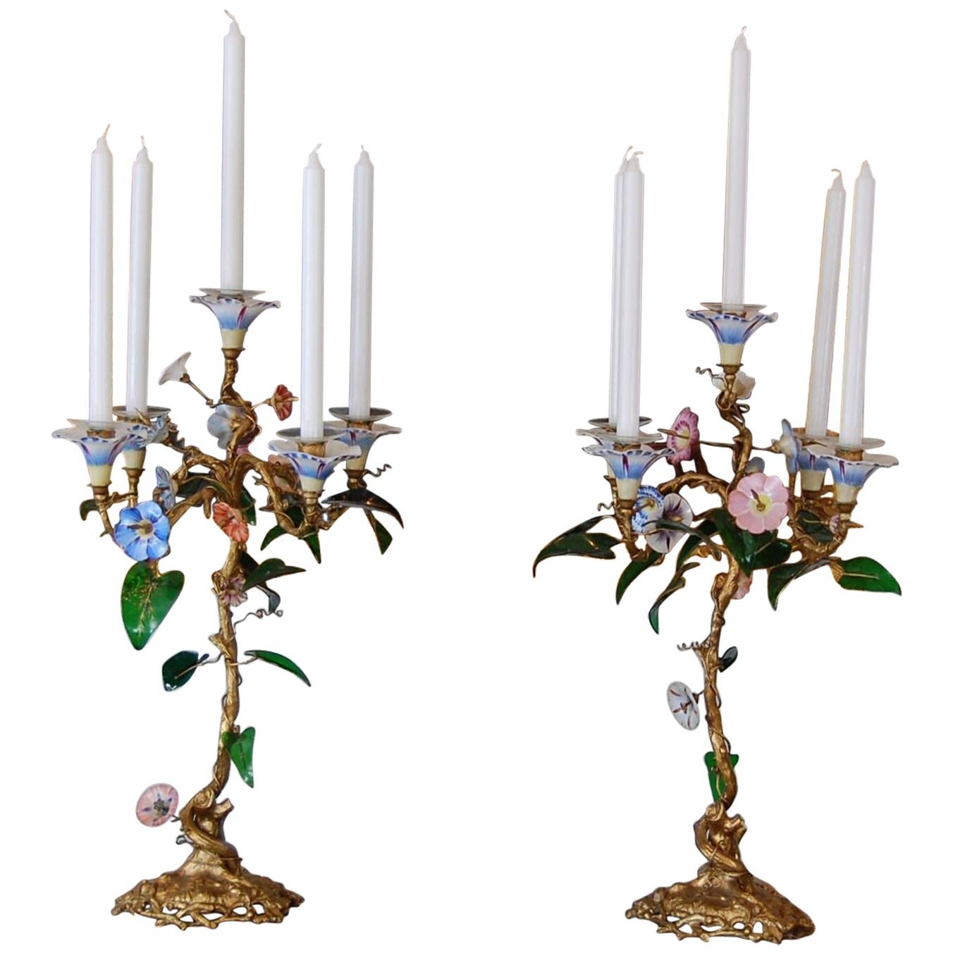 Pair 19th Century Candelabra with Gilt Bronze Stems, Glass & Porcelain Flowers For Sale