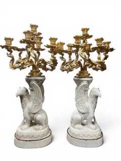 Pair of 19th Century Candelabra with White Marble Griffins and Gilt Bronze Mount