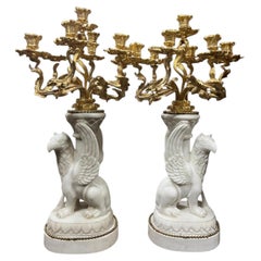 Pair of 19th Century Candelabra with White Marble Griffins and Gilt Bronze Mount