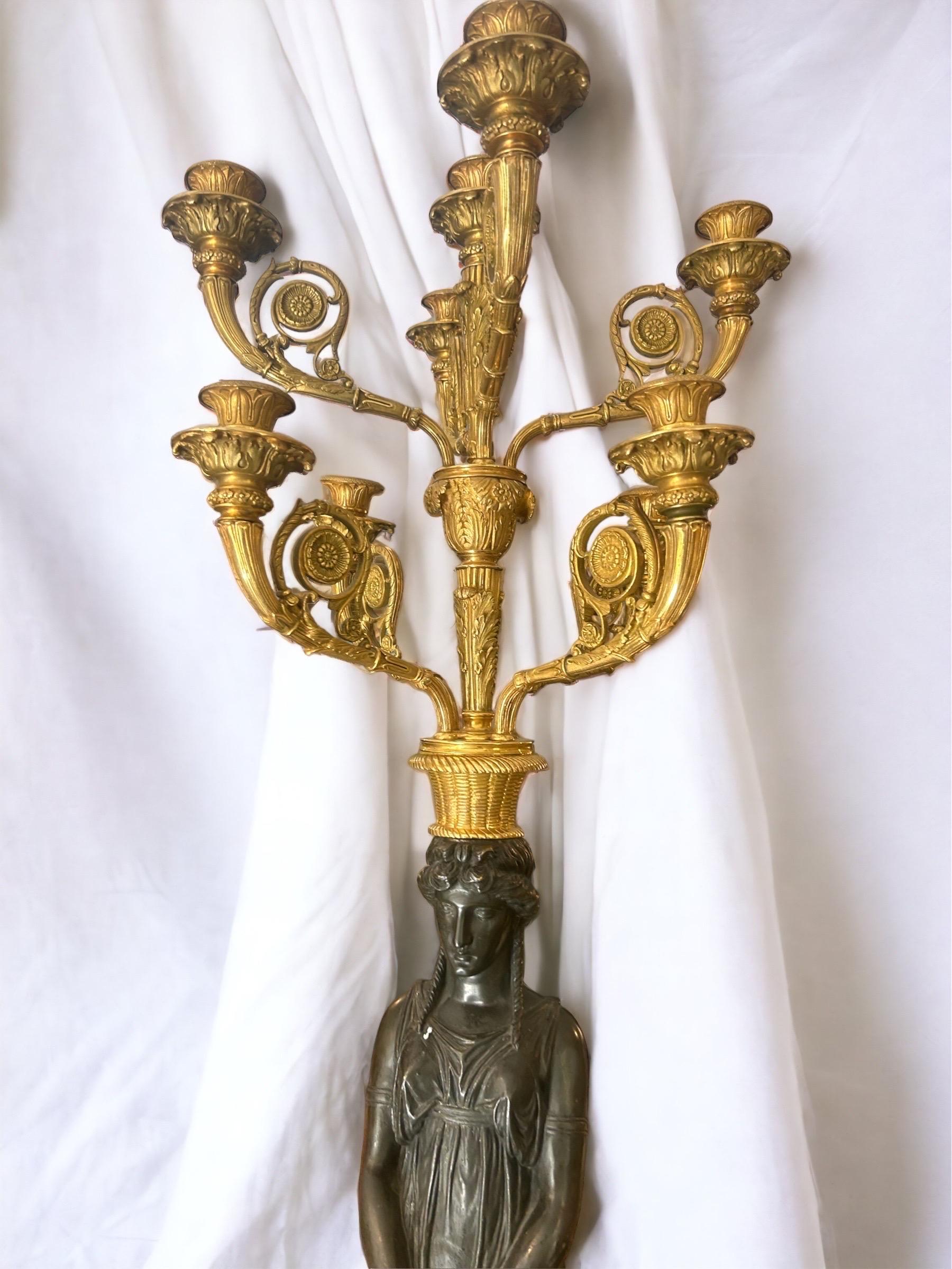 French Pair of 19th Century Candelabras Sculpted in 2 Tone Bronze Gilding