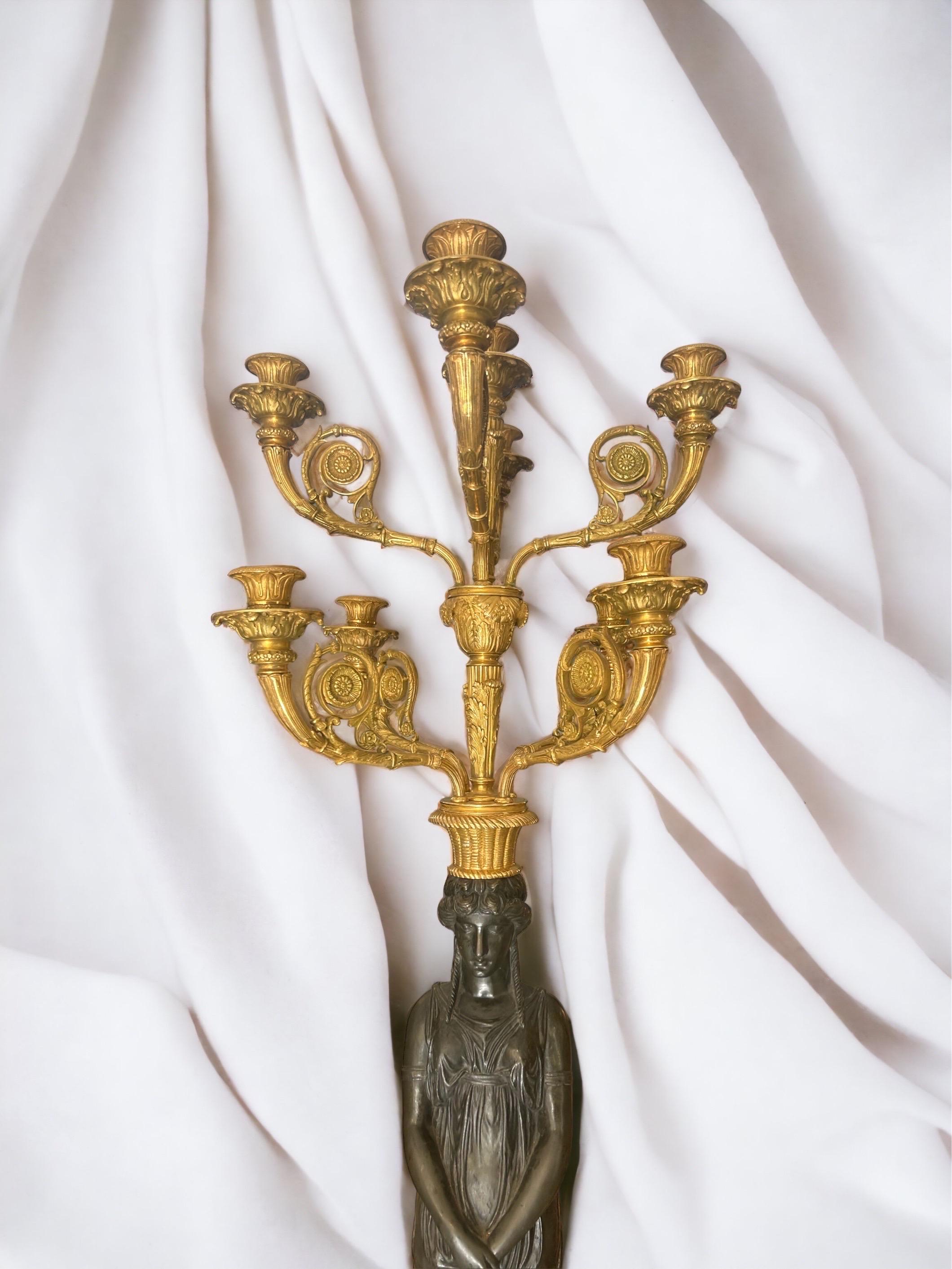 Hand-Carved Pair of 19th Century Candelabras Sculpted in 2 Tone Bronze Gilding