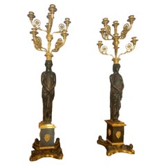Pair of 19th Century Candelabras Sculpted in 2 Tone Bronze Gilding