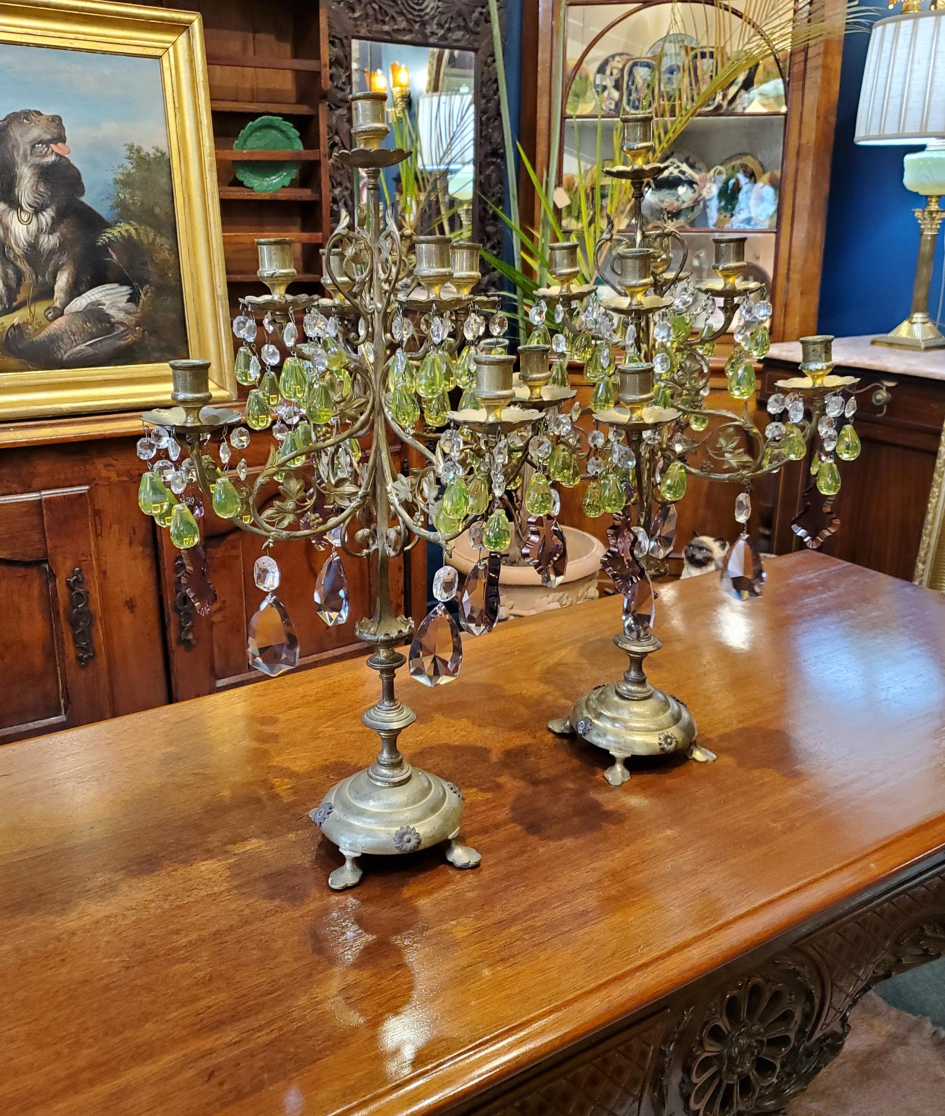 Pair of 19th Century Candelabras with Gilt Metal and Multi-color Crystal Drops 9