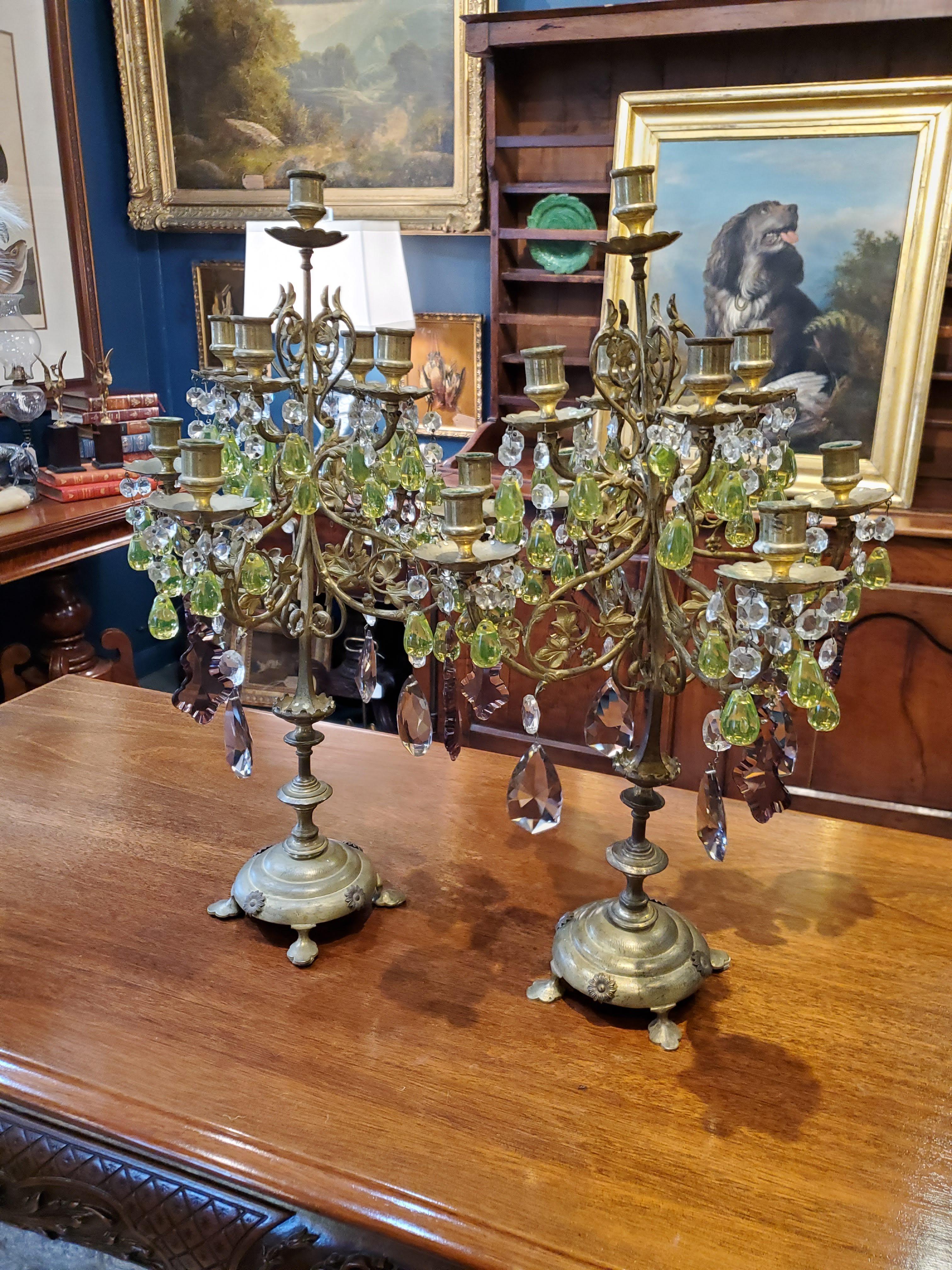 Pair of 19th Century Candelabras with Gilt Metal and Multi-color Crystal Drops 10