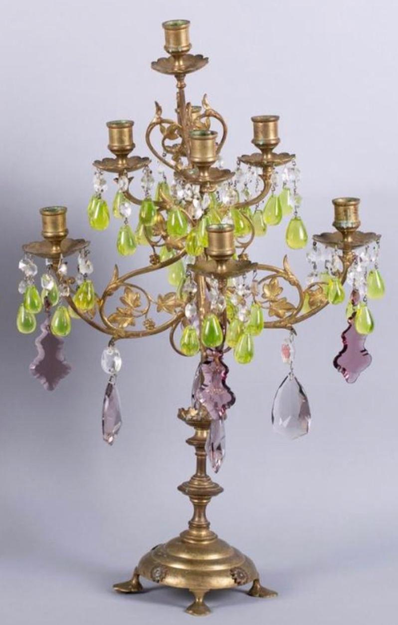 Unknown Pair of 19th Century Candelabras with Gilt Metal and Multi-color Crystal Drops