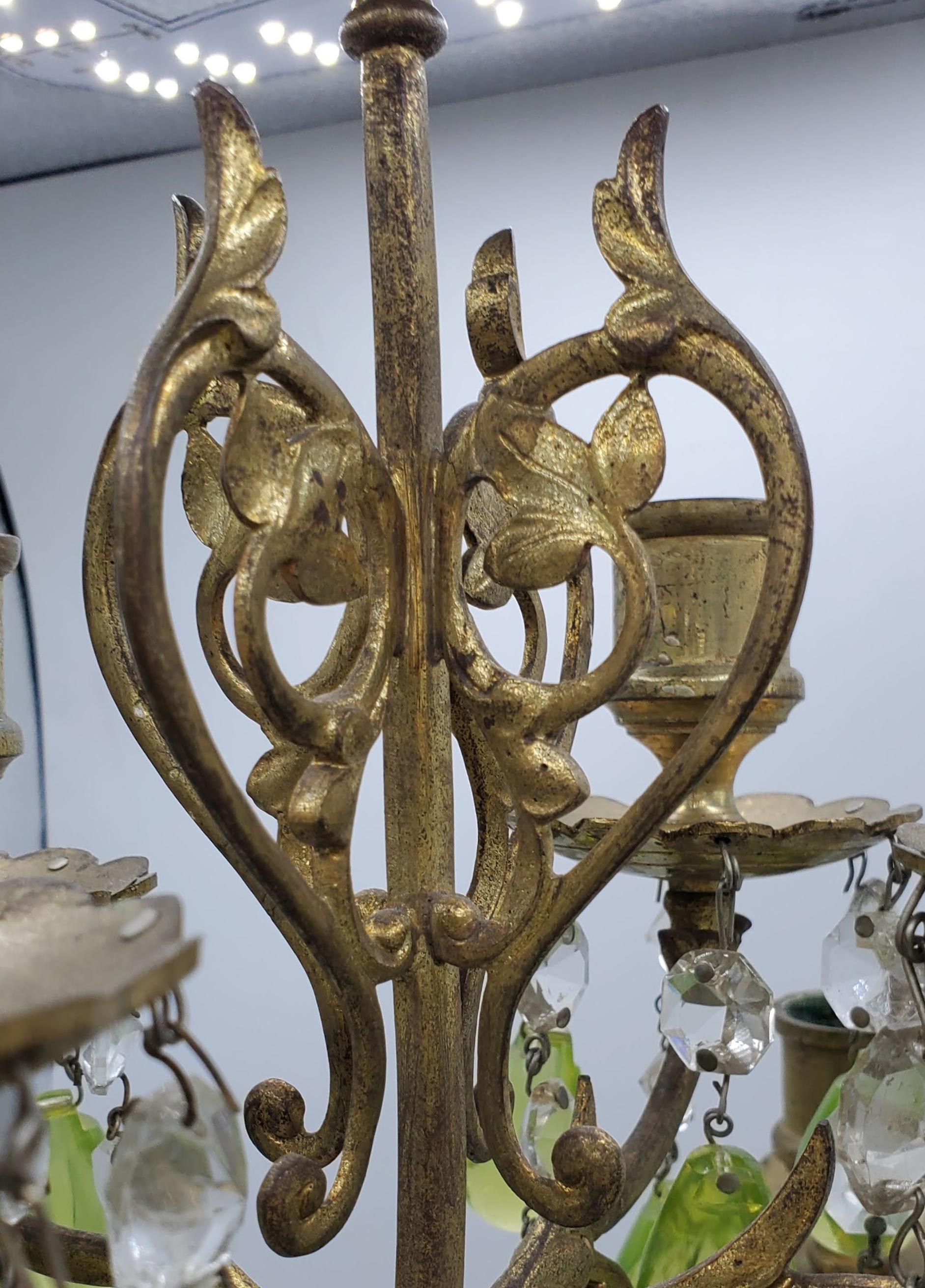 Pair of 19th Century Candelabras with Gilt Metal and Multi-color Crystal Drops In Good Condition In Middleburg, VA