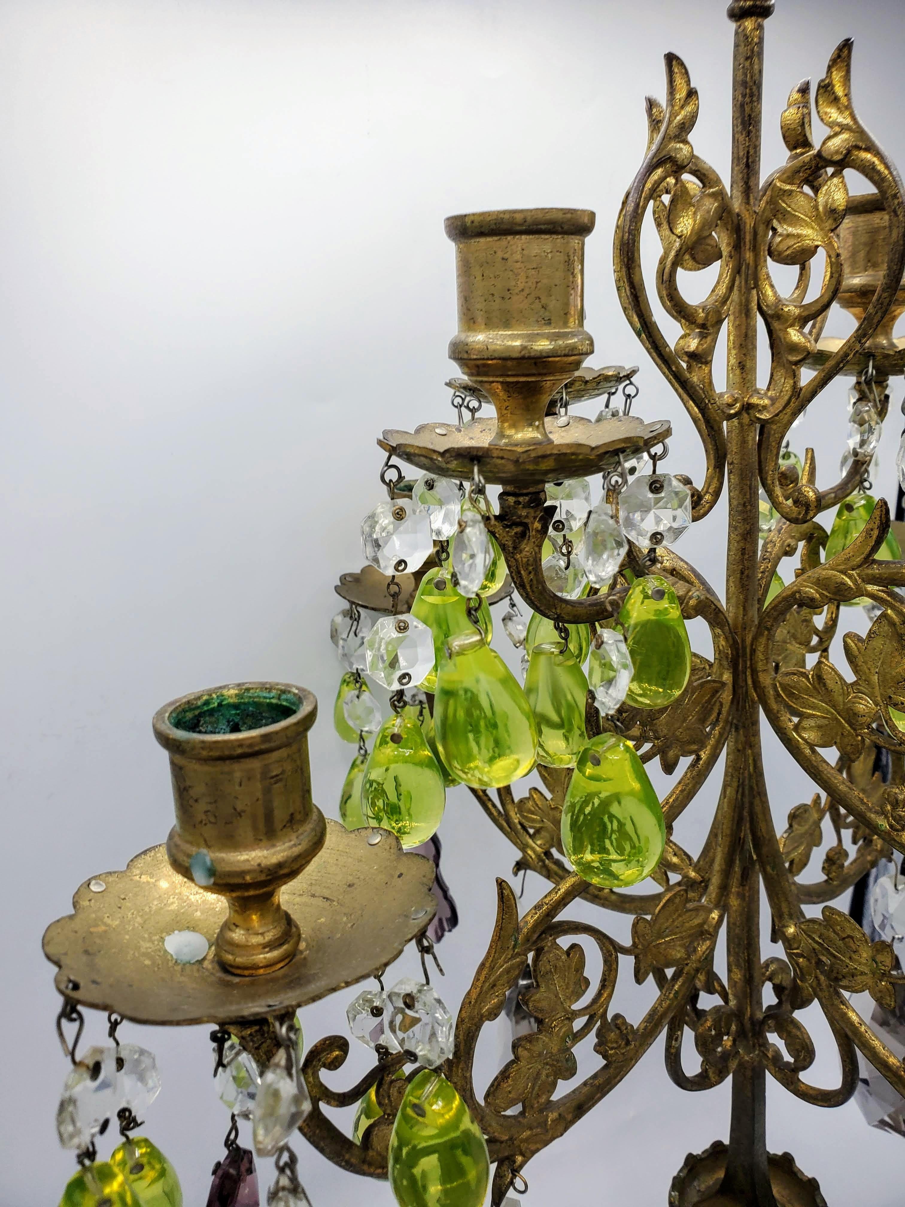 Pair of 19th Century Candelabras with Gilt Metal and Multi-color Crystal Drops 1