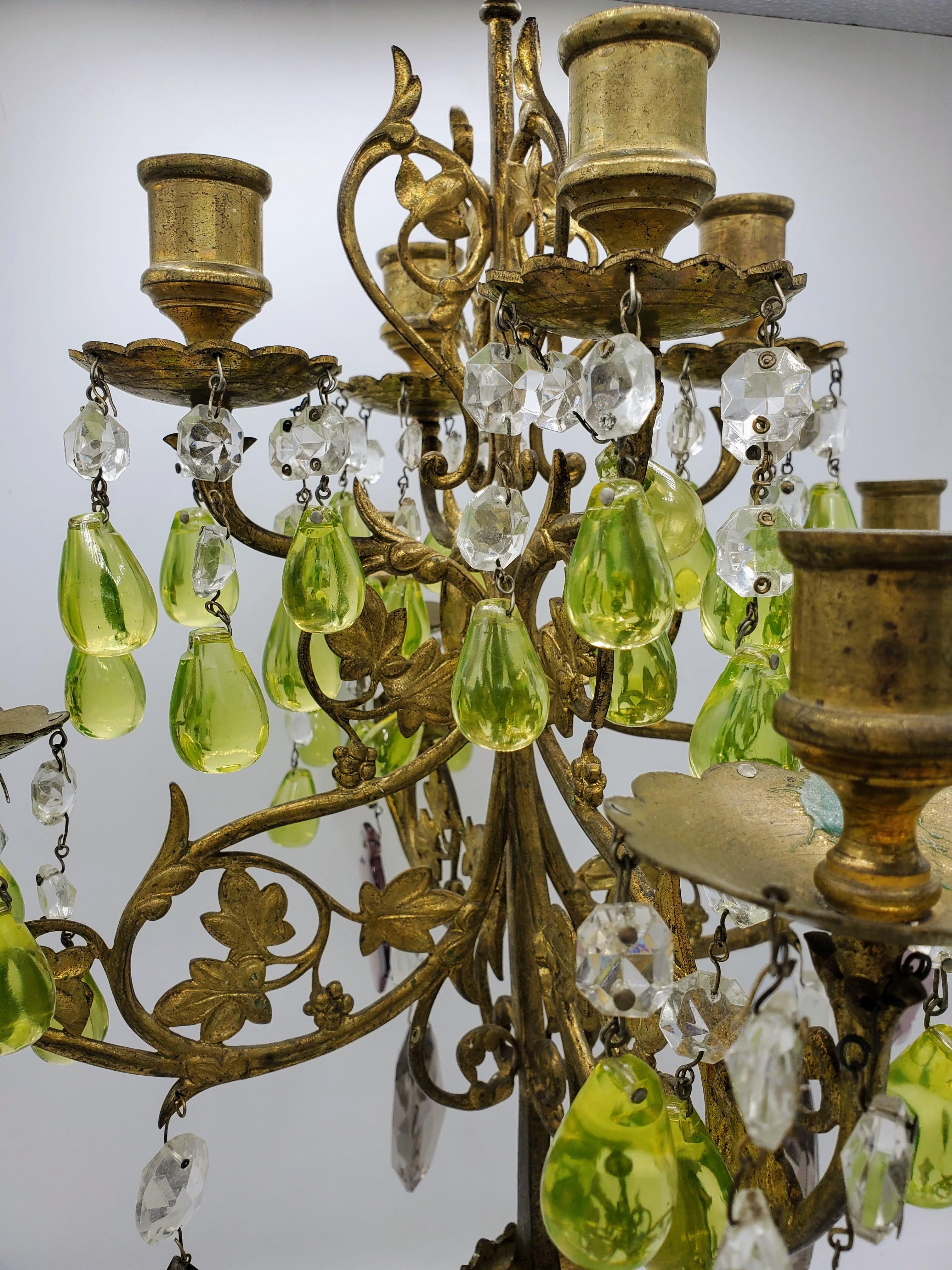 Pair of 19th Century Candelabras with Gilt Metal and Multi-color Crystal Drops 2