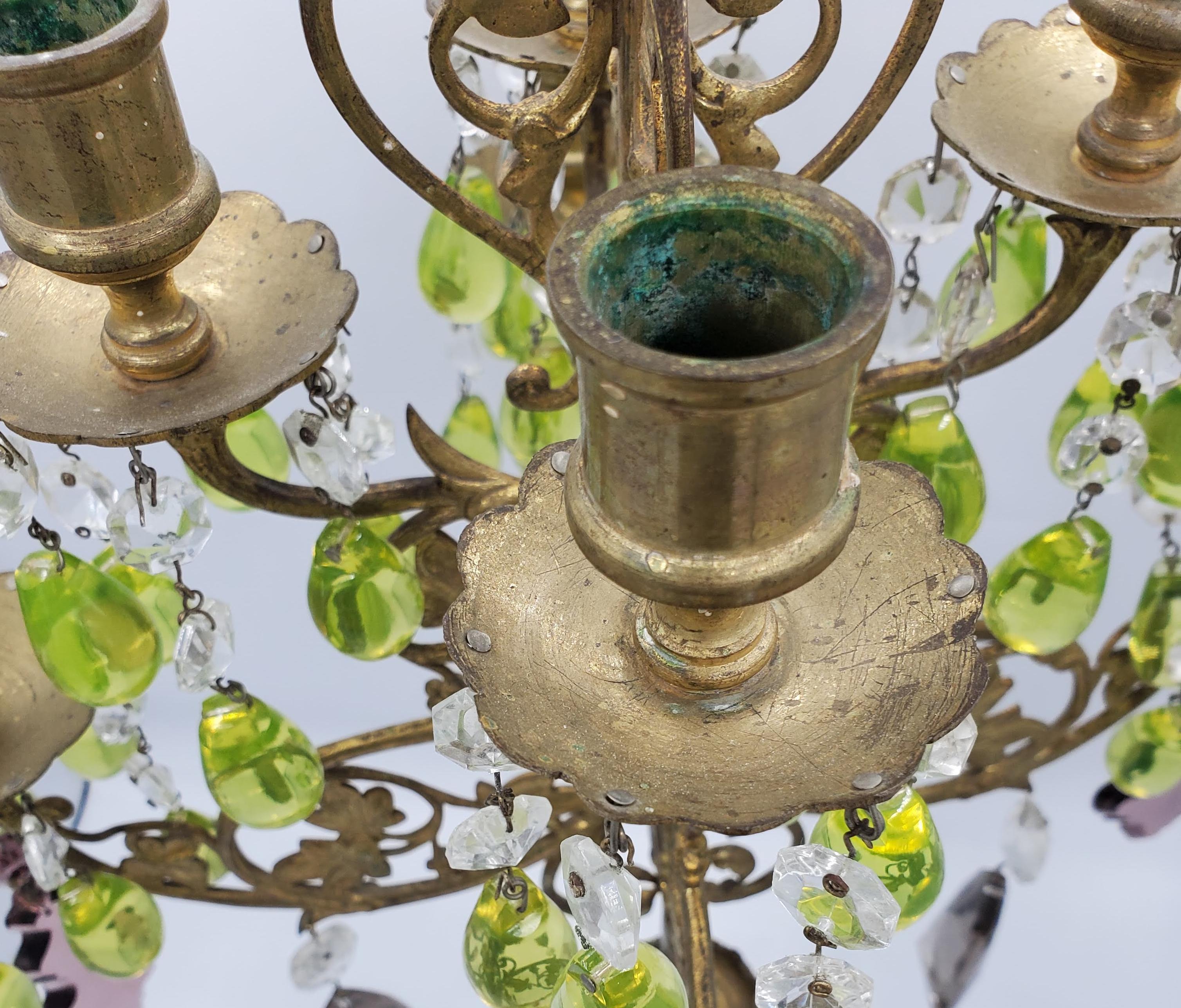 Pair of 19th Century Candelabras with Gilt Metal and Multi-color Crystal Drops 5
