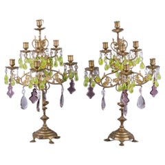 Pair of 19th Century Candelabras with Gilt Metal and Multi-color Crystal Drops