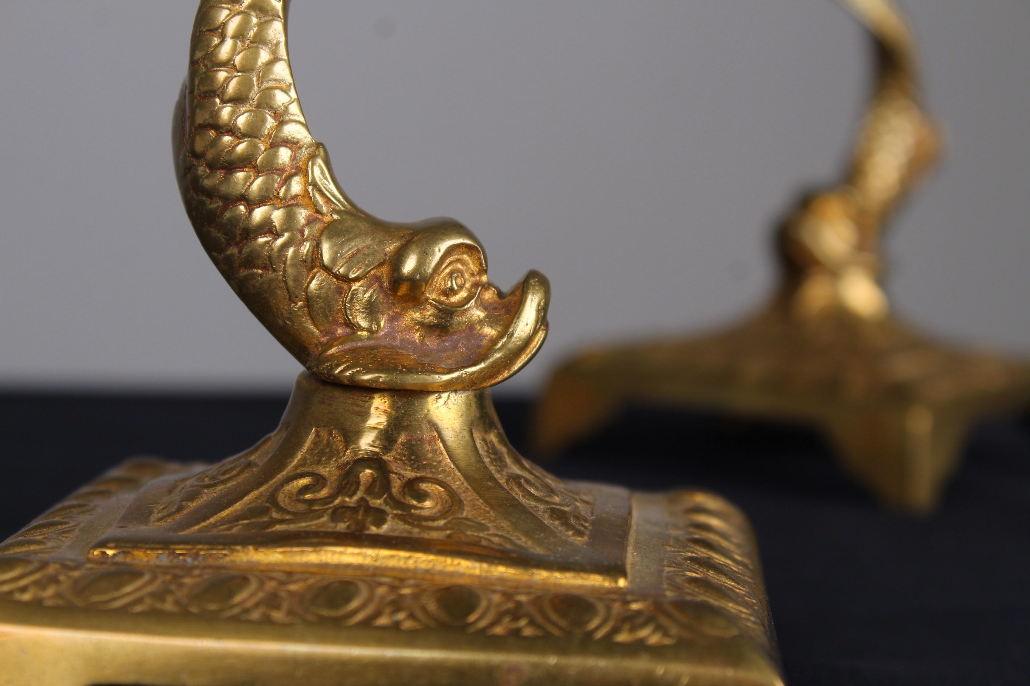 Pair of 19th Century Candlesticks, Brass, Dolphins, France In Good Condition For Sale In Greven, DE