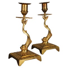 Antique Pair of 19th Century Candlesticks, Brass, Dolphins, France