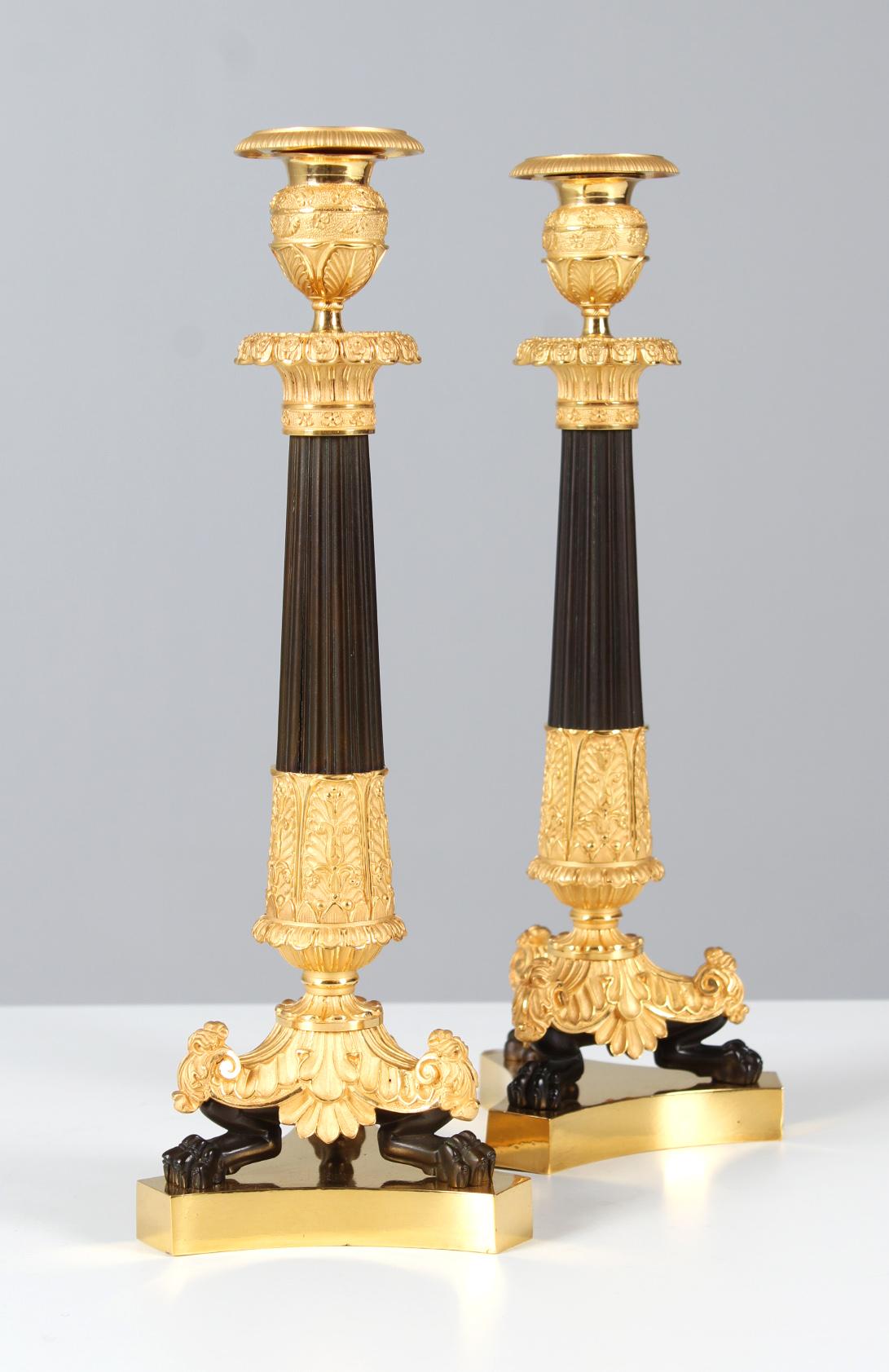 Pair of 19th Century Candlesticks, Bronze, Gilt And Patinated, Circa 1850 For Sale 1