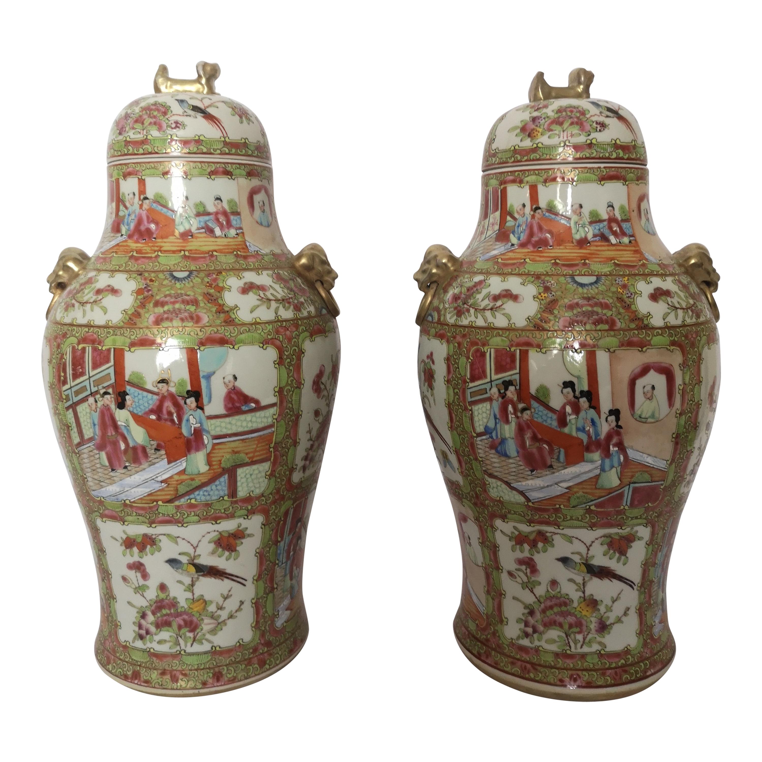 Pair of 19th Century Cantonese Famille Rose Chinese Porcelain Vases