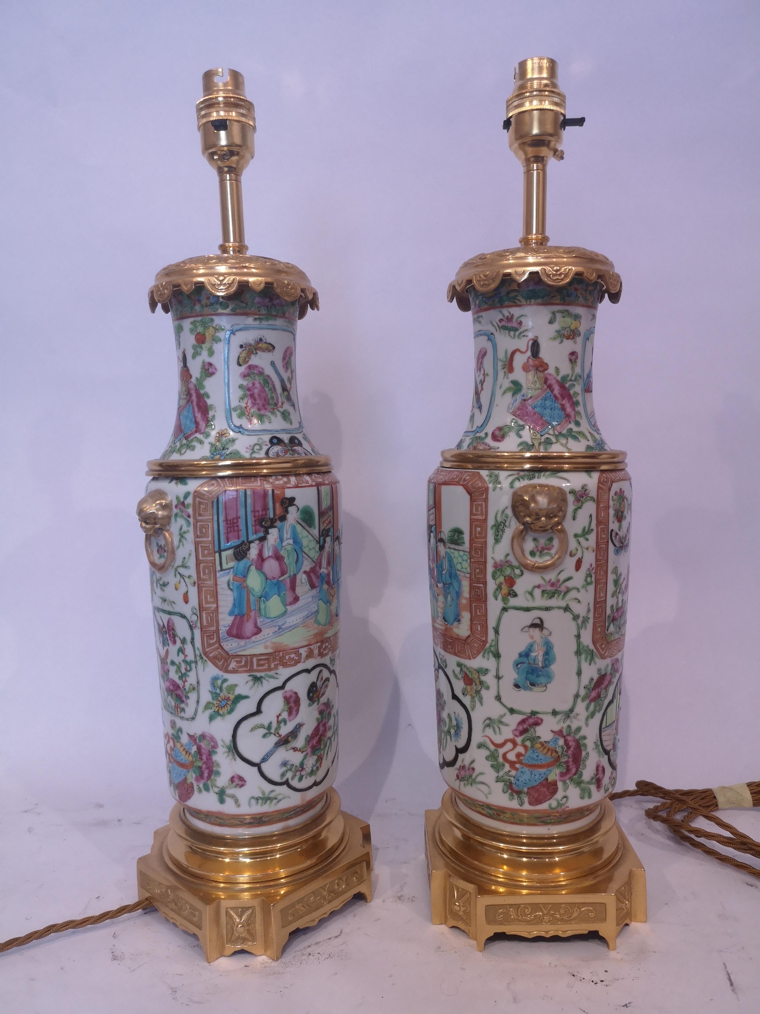 A pair of 19th century Chinese Famille rose pattern vases, with French gilt bronze mounts and now as lamps. The porcelain in typical Famille rose palette, decorated court figures, birds and flowers.
Re-wired for the UK.
Chinese, circa 1880.