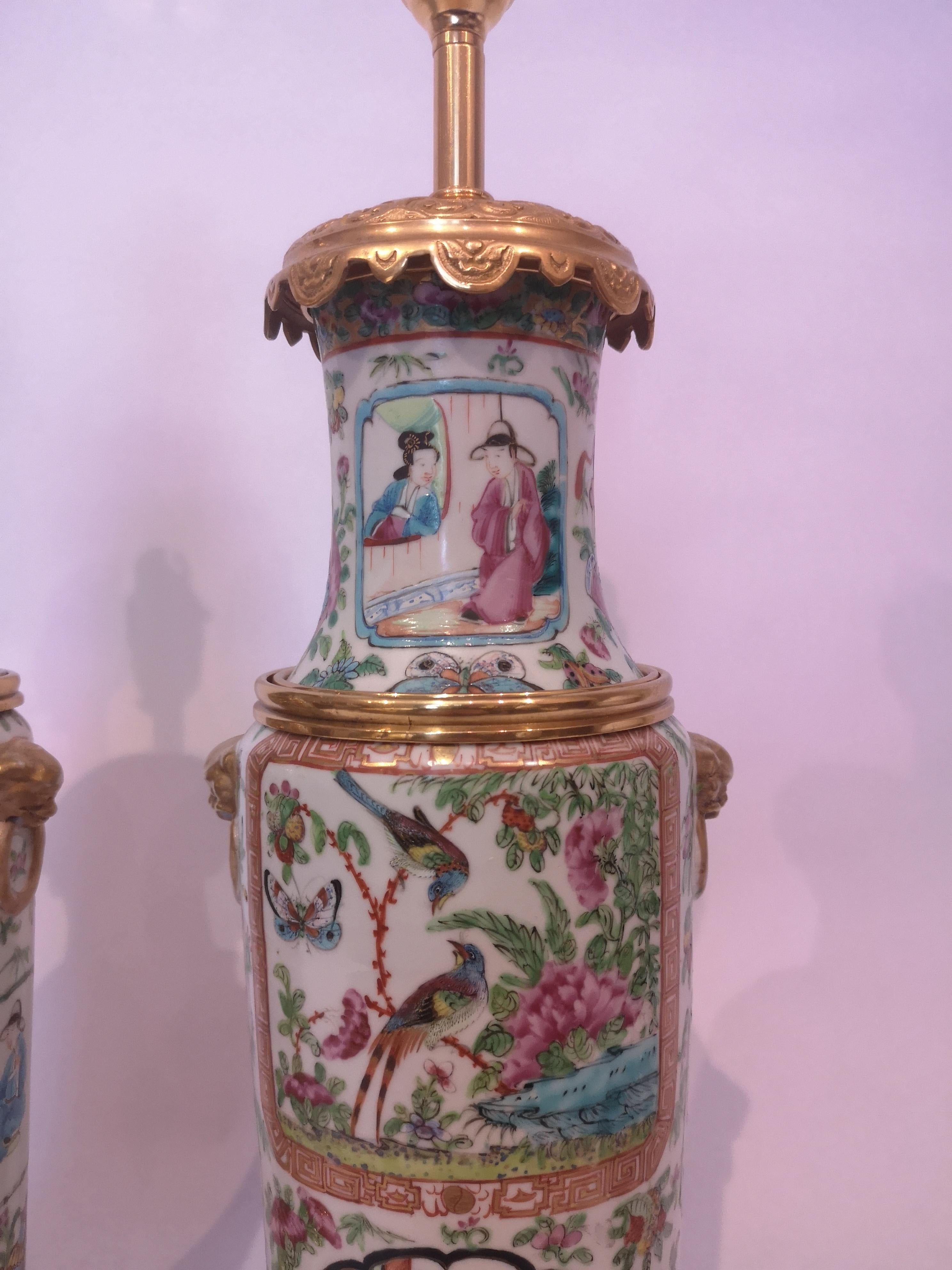 Pair of 19th Century Cantonese Famille Rose Lamps For Sale 1