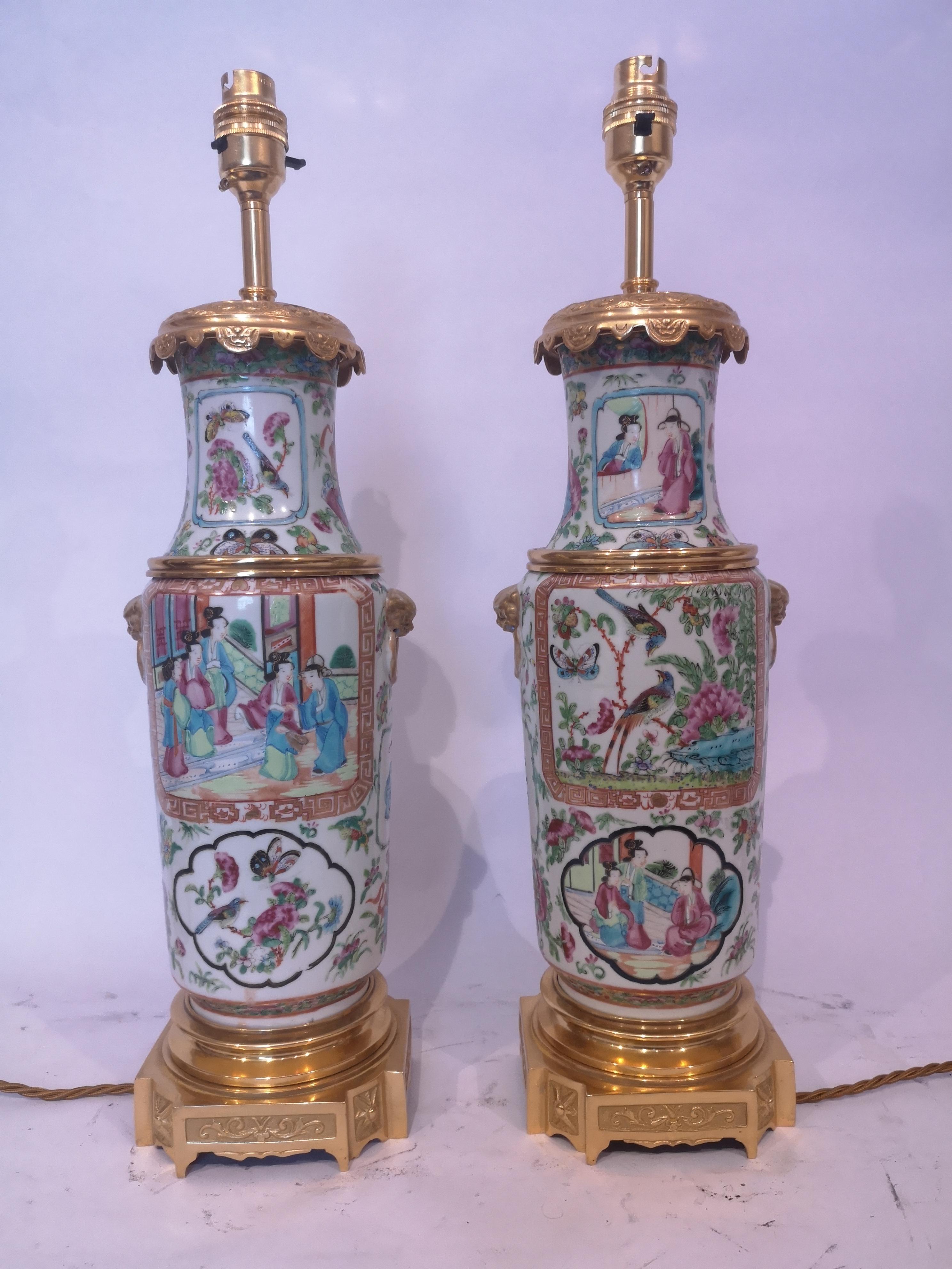Pair of 19th Century Cantonese Famille Rose Lamps For Sale 3