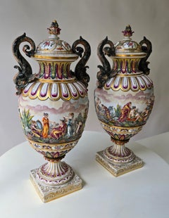 Pair of 19th Century Capodimonte Porcelain Urns Vazes with Mythological Reliefs