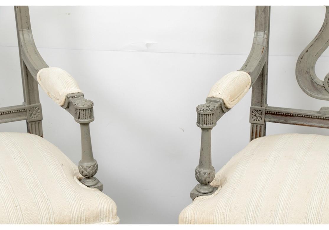 European Pair of 19th Century Carved and Paint Decorated Lyre Back Armchairs For Sale