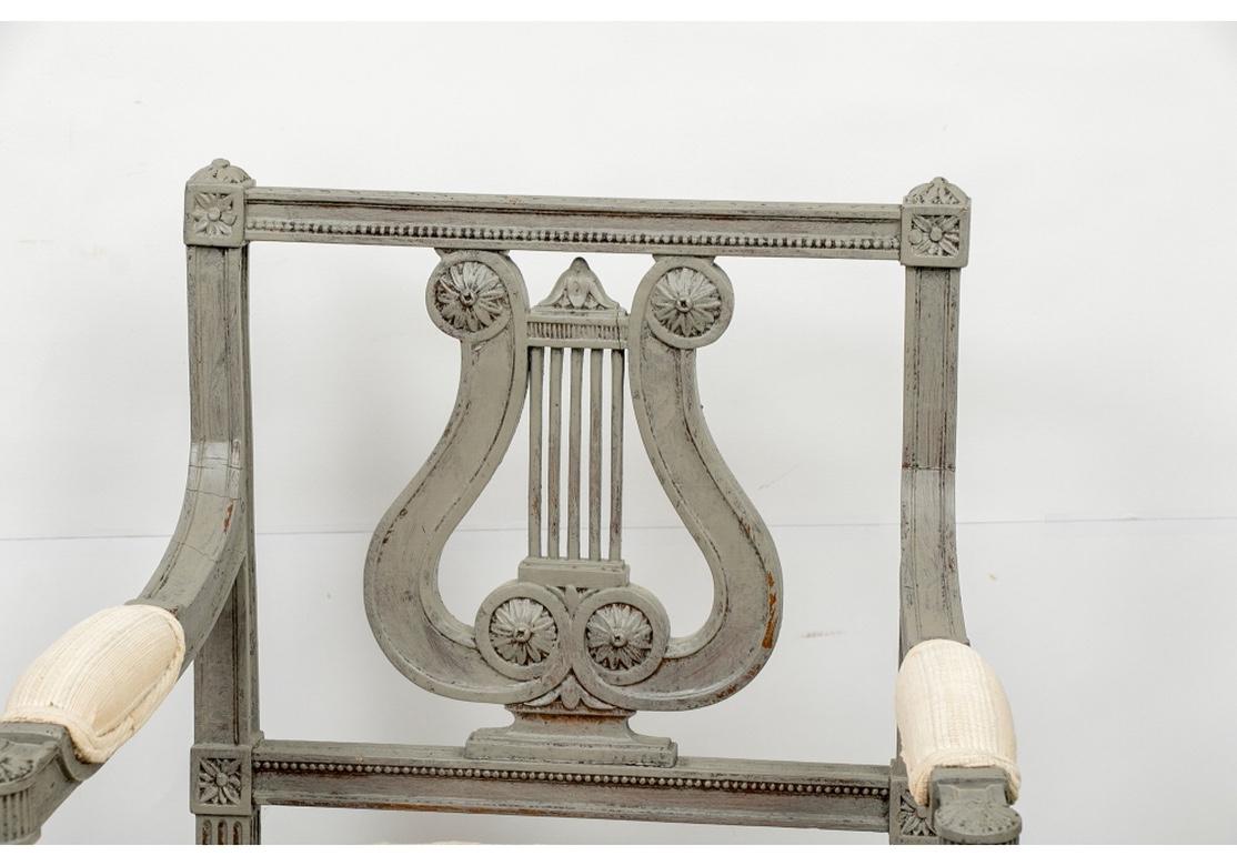 Wood Pair of 19th Century Carved and Paint Decorated Lyre Back Armchairs For Sale