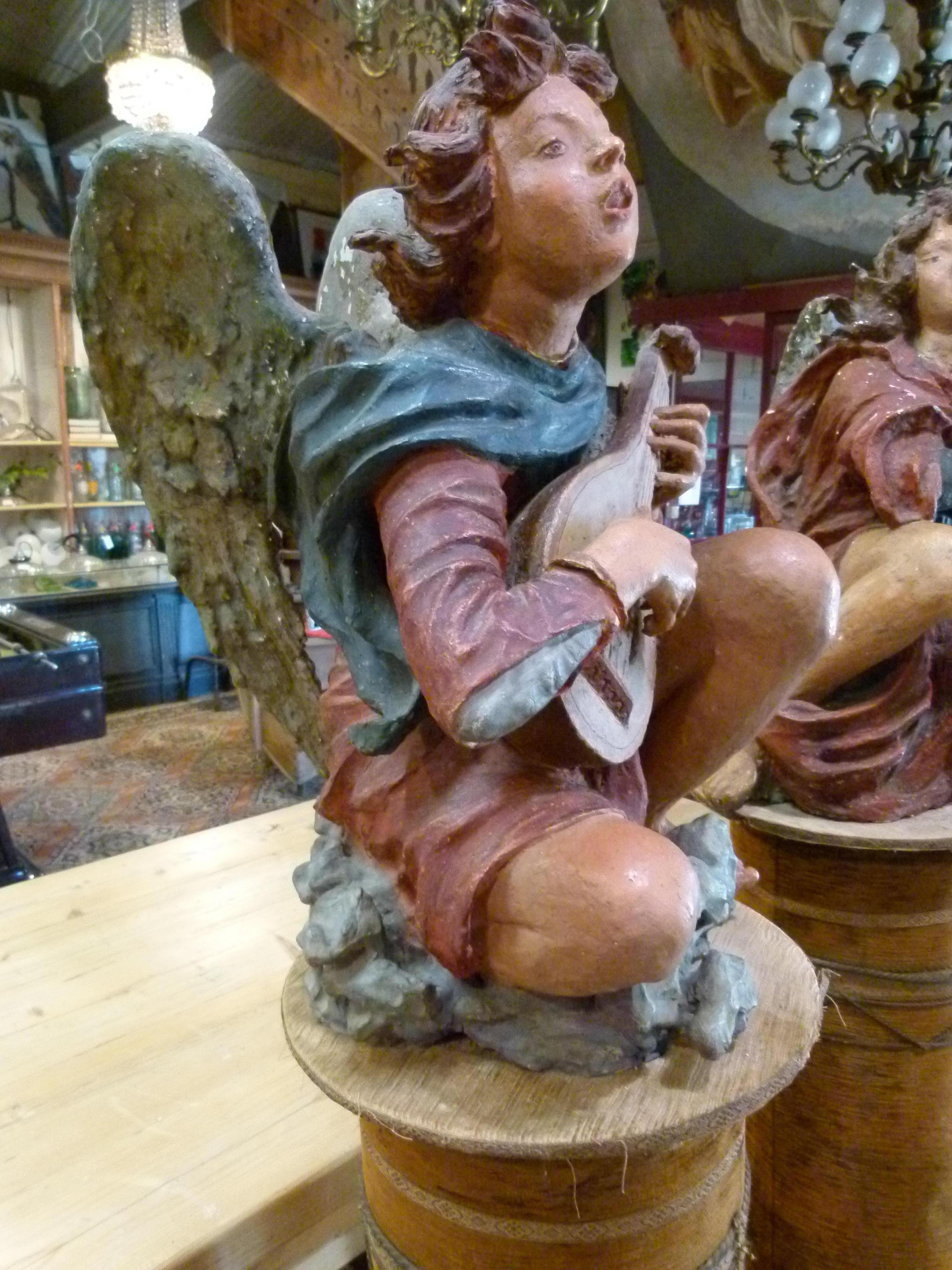 Hand-Painted Polychromed terracotta pair of Angels  For Sale