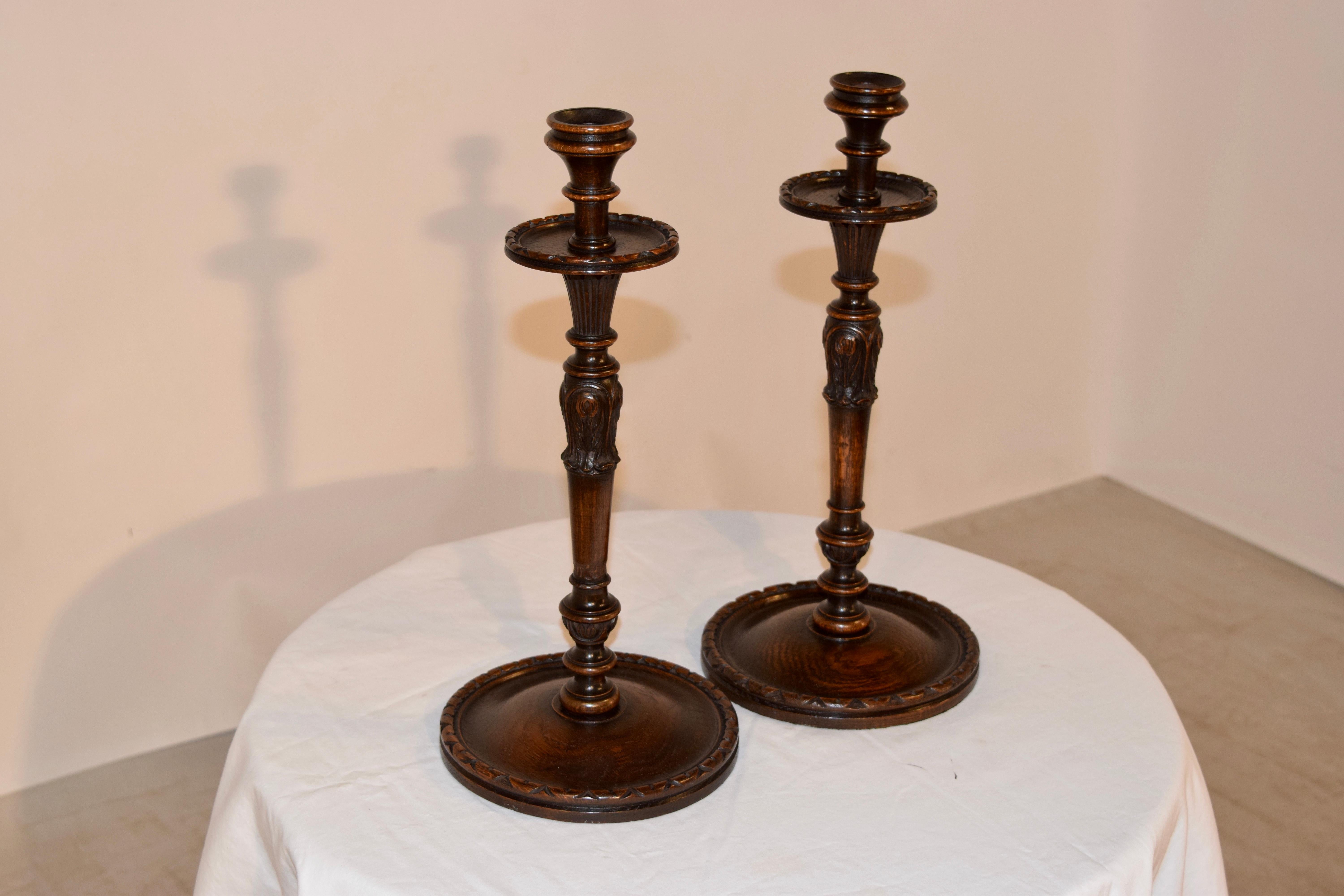 English Pair of 19th Century Carved Candlesticks