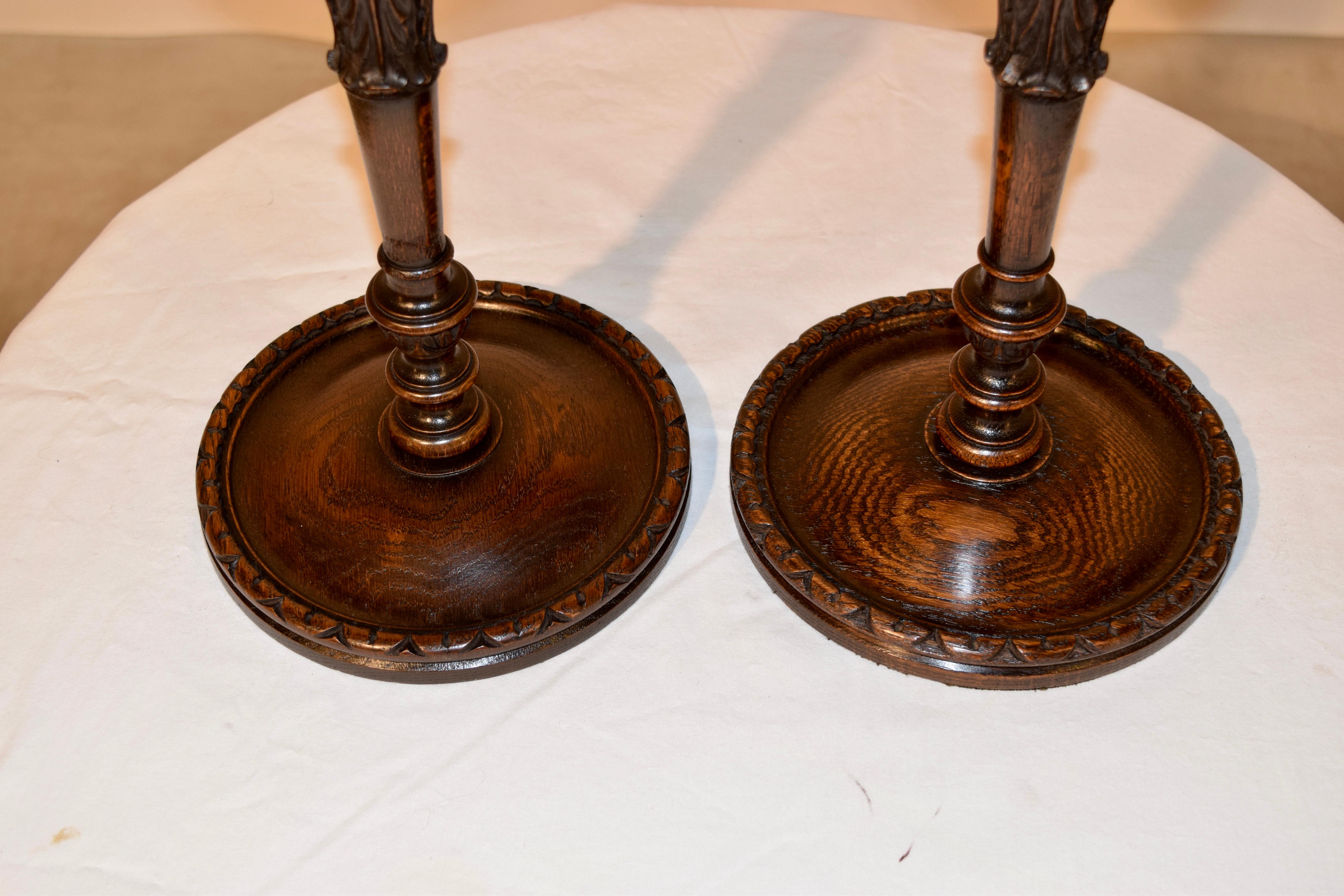 Oak Pair of 19th Century Carved Candlesticks