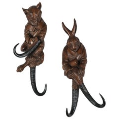 Pair of 19th Century Carved Fox and Rabbit 'Black Forest' Coat Hooks