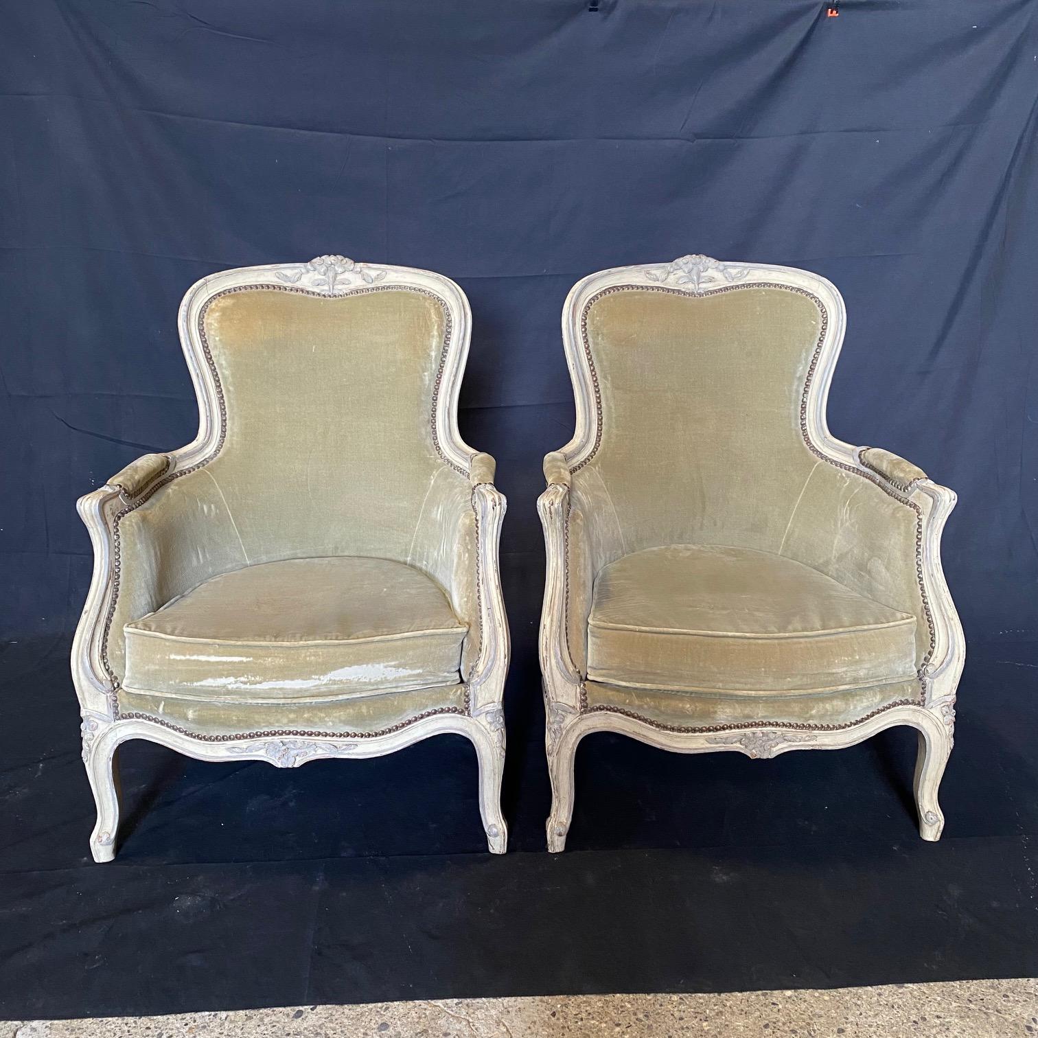 Pair of  19th Century Carved French Louis XV Moss Green Original Mohair Bergeres For Sale 8