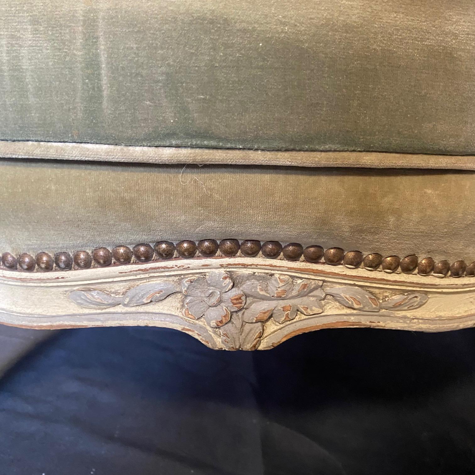 Pair of  19th Century Carved French Louis XV Moss Green Original Mohair Bergeres 15