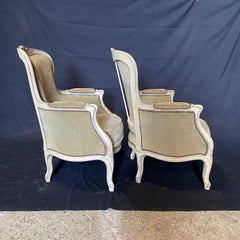 Pair of  19th Century Carved French Louis XV Moss Green Original Mohair Bergeres