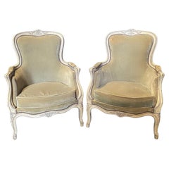 Pair of  19th Century Carved French Louis XV Moss Green Original Mohair Bergeres