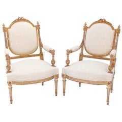 Pair of 19th Century, Carved Giltwood and Polychromed Louis XVI Fauteuils